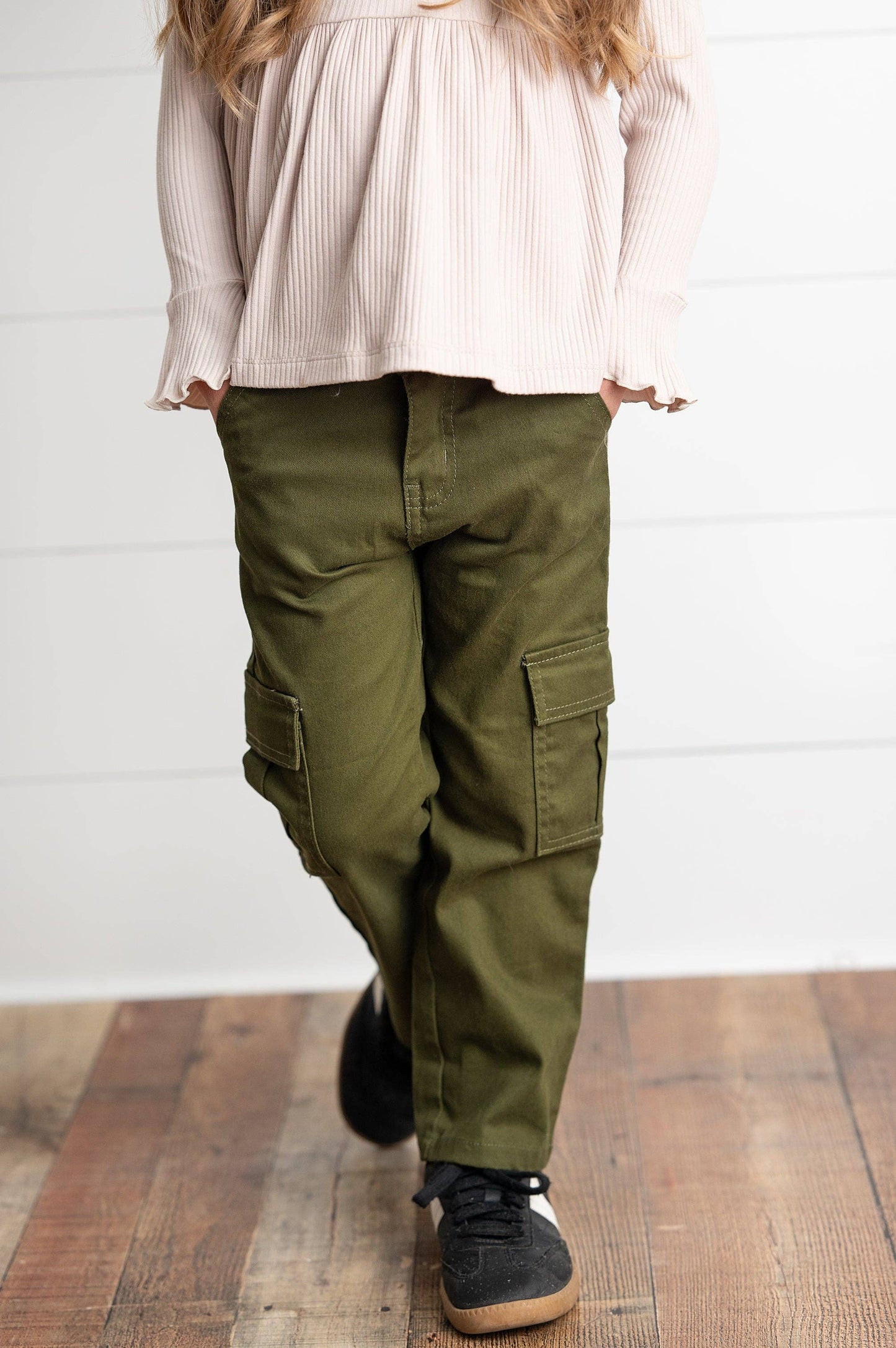 Kids Olive Green Denim Cargo Pants With Pockets