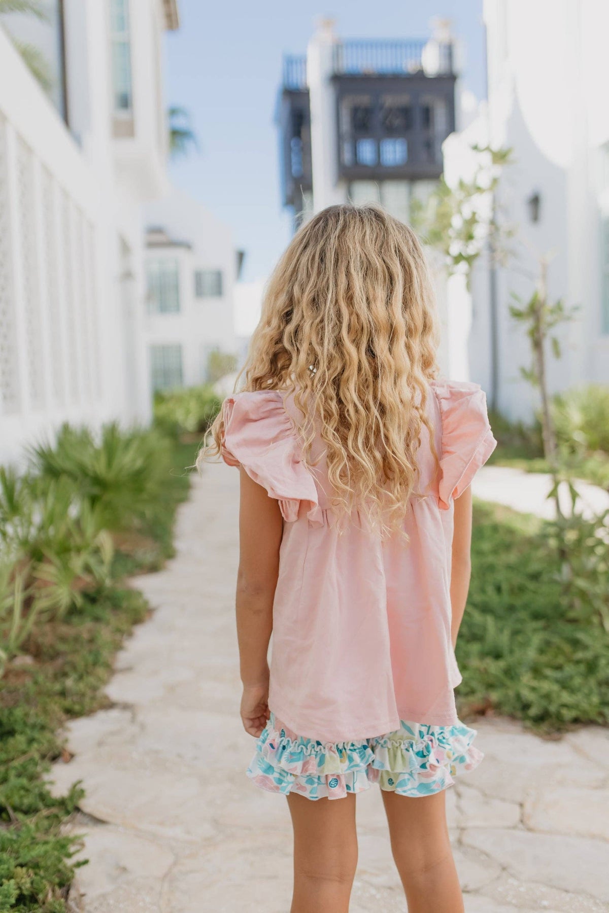 Girls Blush Pink Ruffles Pastel Spring Floral Short Set