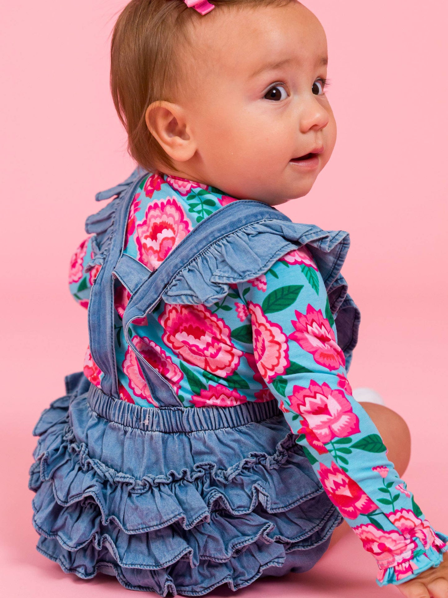 Baby Girls Light Wash Denim Woven Flutter Overall Romper