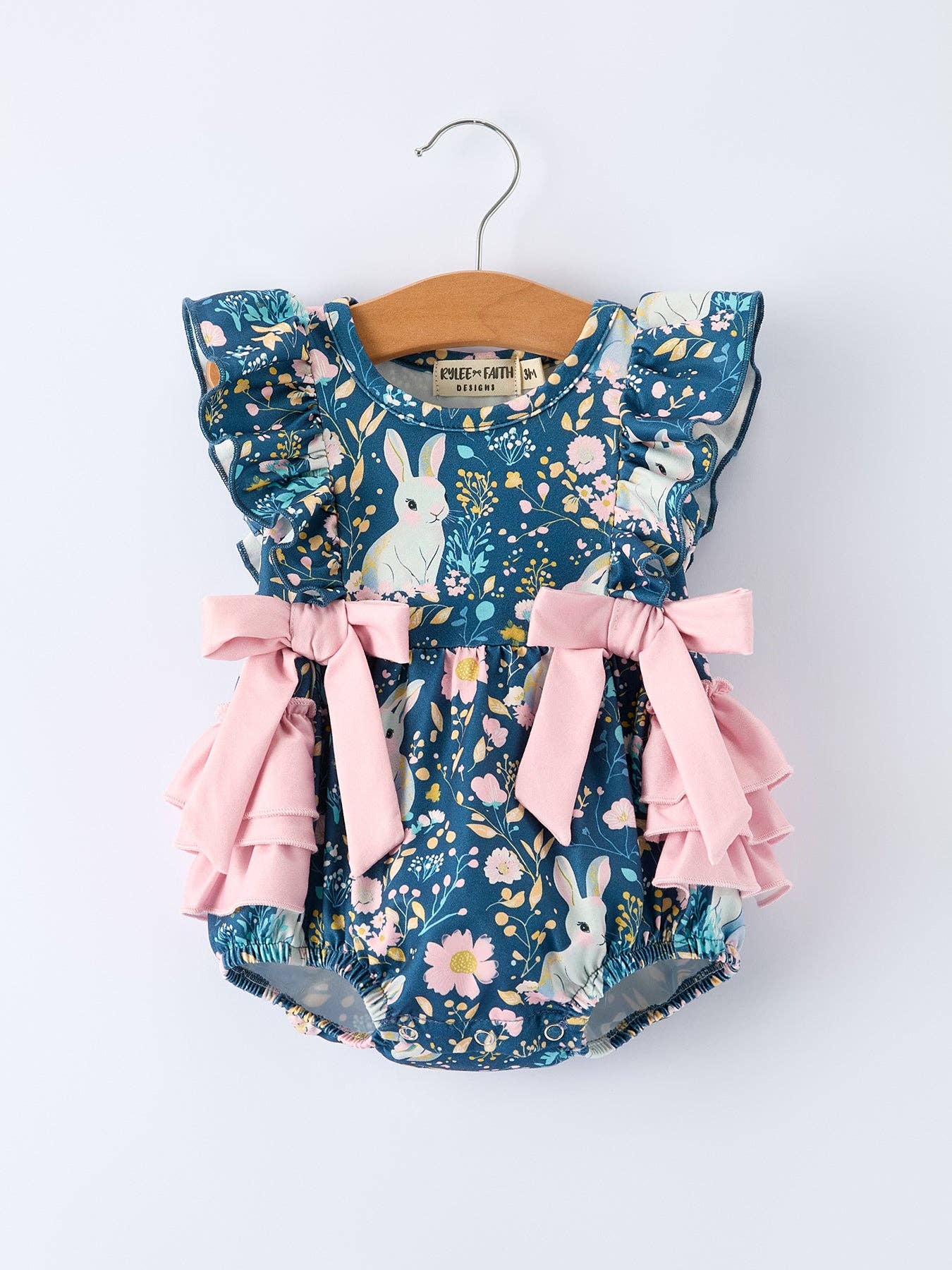 Teal Easter Bunny Garden Ruffle Sleeve Baby Girls Romper