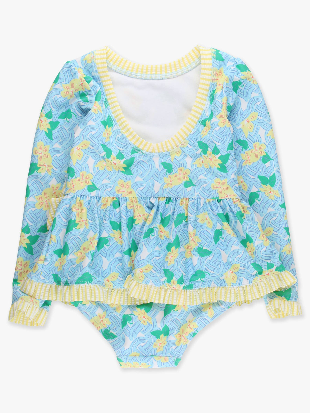 Girls Blooming Basket Long Sleeve One Piece Bow Peplum Rash Guard Swimsuit