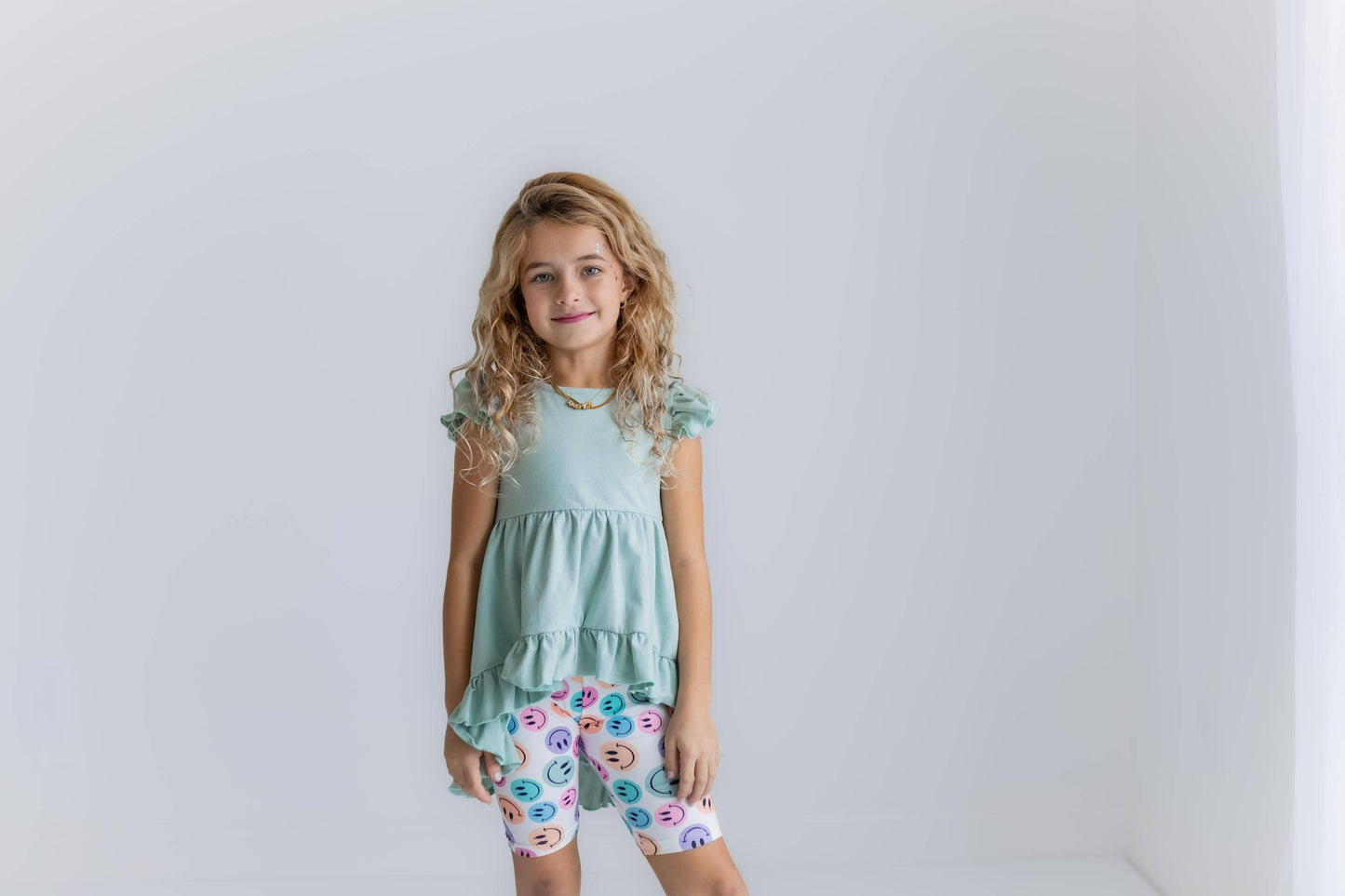 Kids Mint Green Smiley Face Hi Lo Spring Summer Short Set