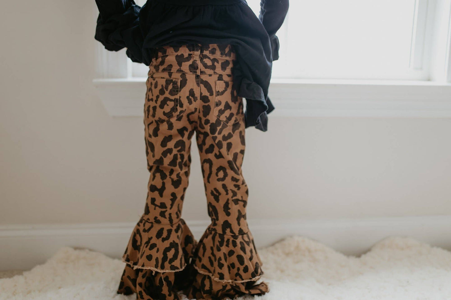 Kids Leopard Double Denim Ruffle Pant Jeans