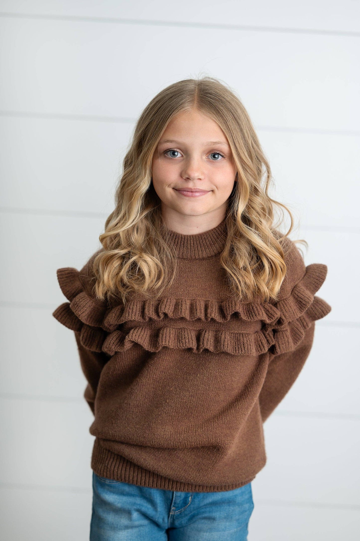 Kids Chocolate Double Ruffle Crew Neck Fall Winter Sweater