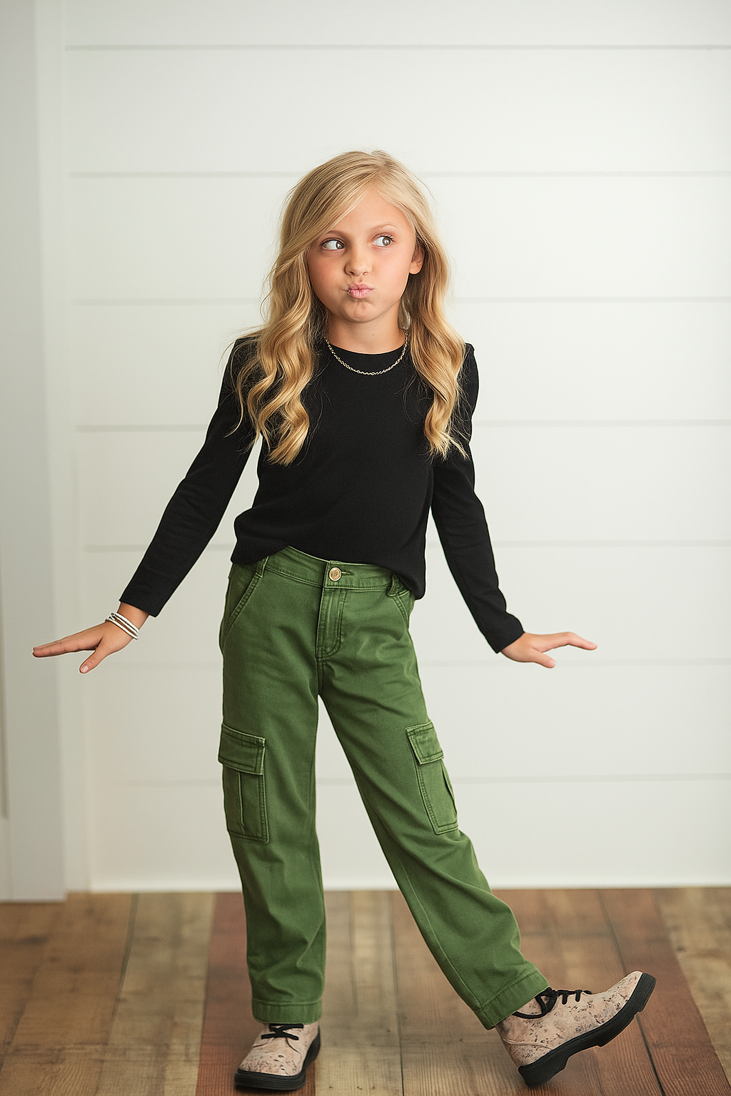 Kids Olive Green Denim Cargo Pants With Pockets