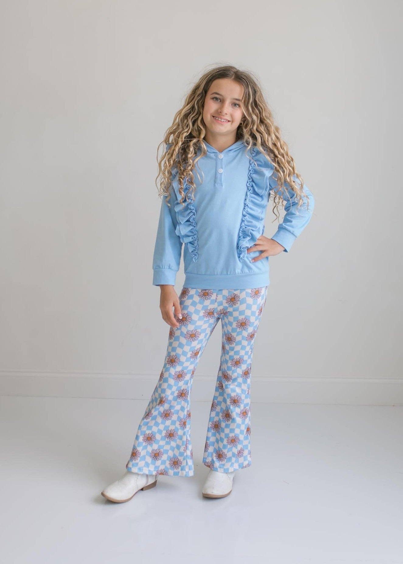 Girls Evie Blue Double Ruffle Hoodie & Retro Check Pant Set