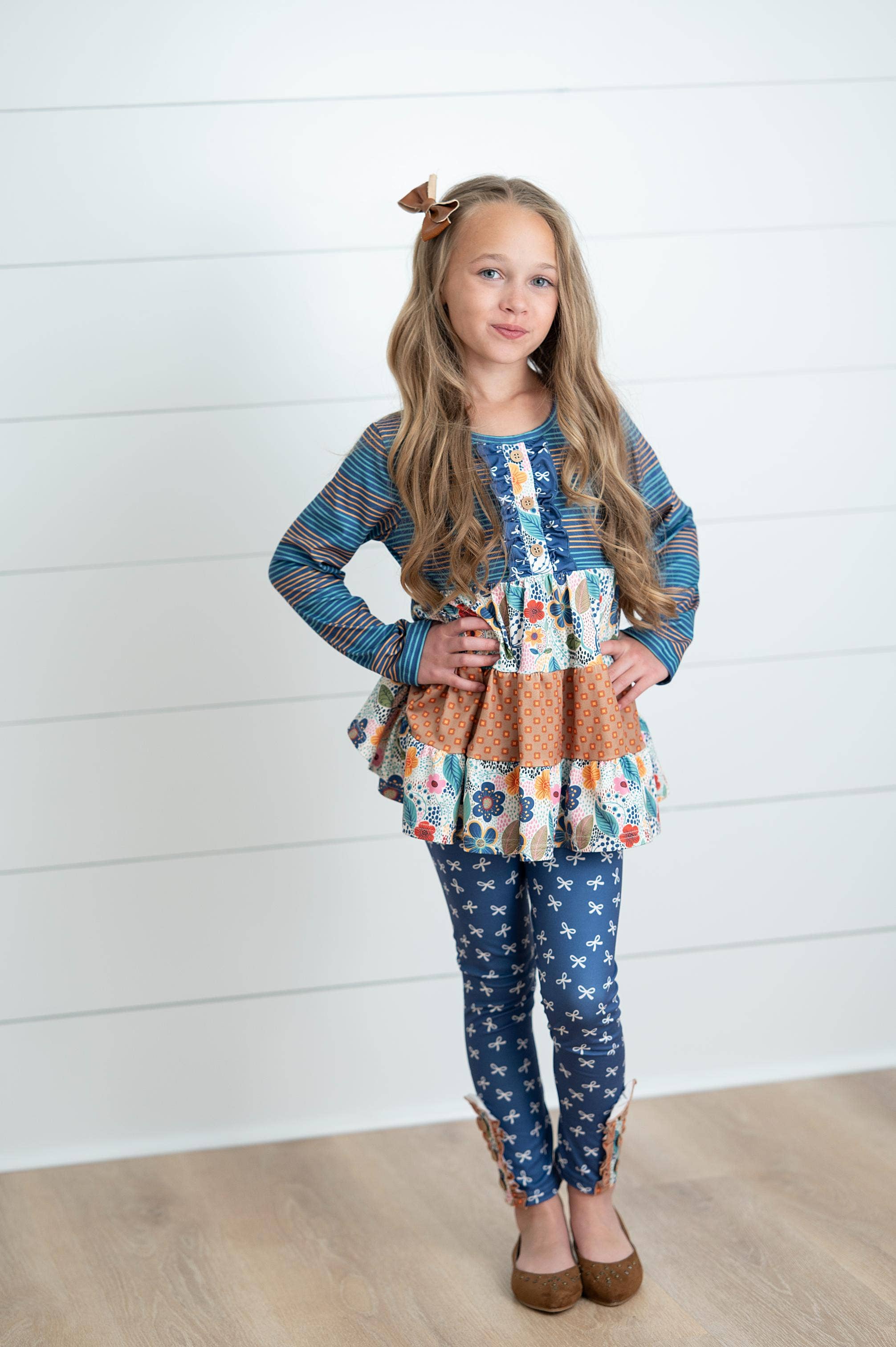 Girls Fall Blue Midnight Honey Ruffles 3 Tiered Pant Set