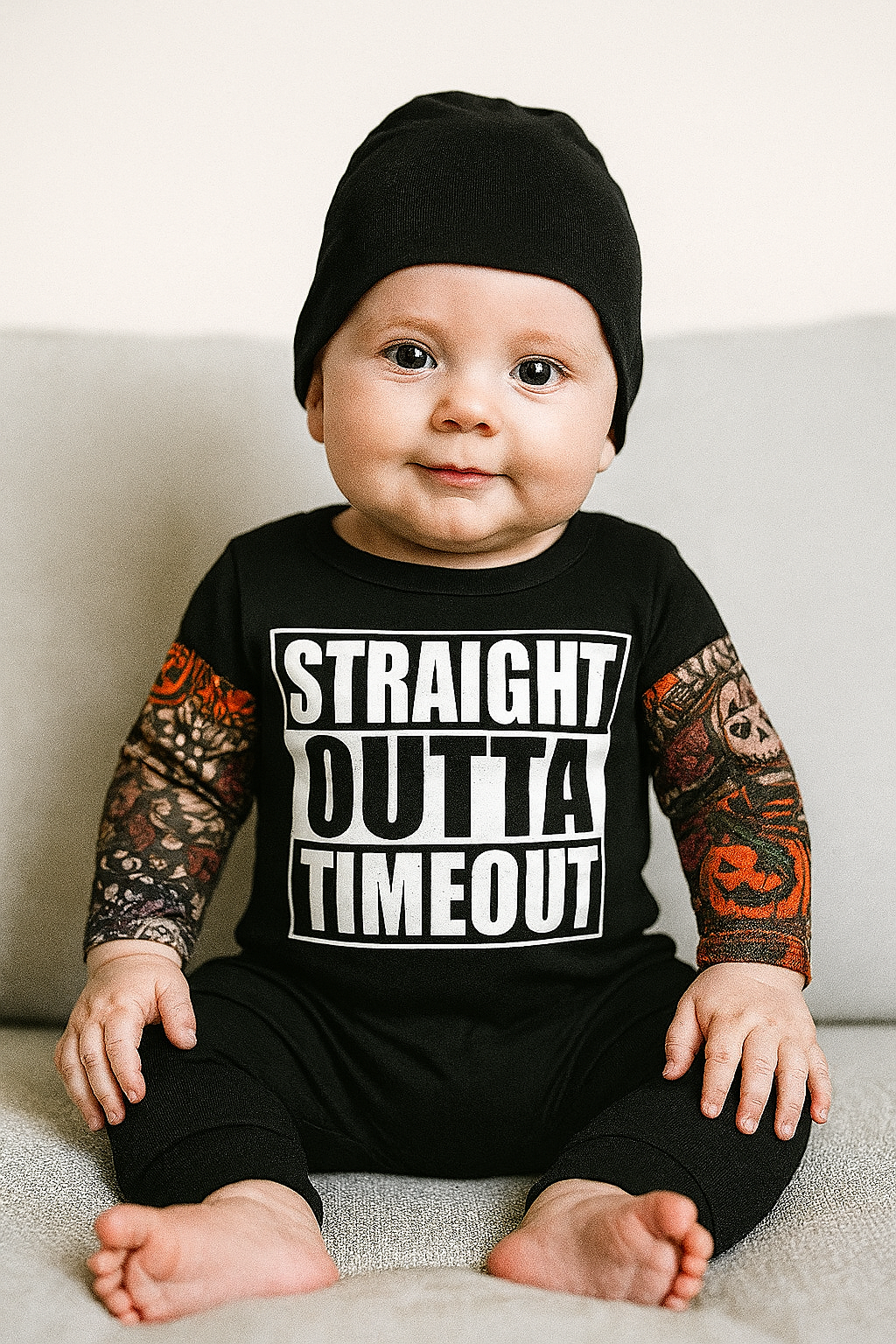 Black Straight Outta Timeout Tattoo Sleeve Baby Romper