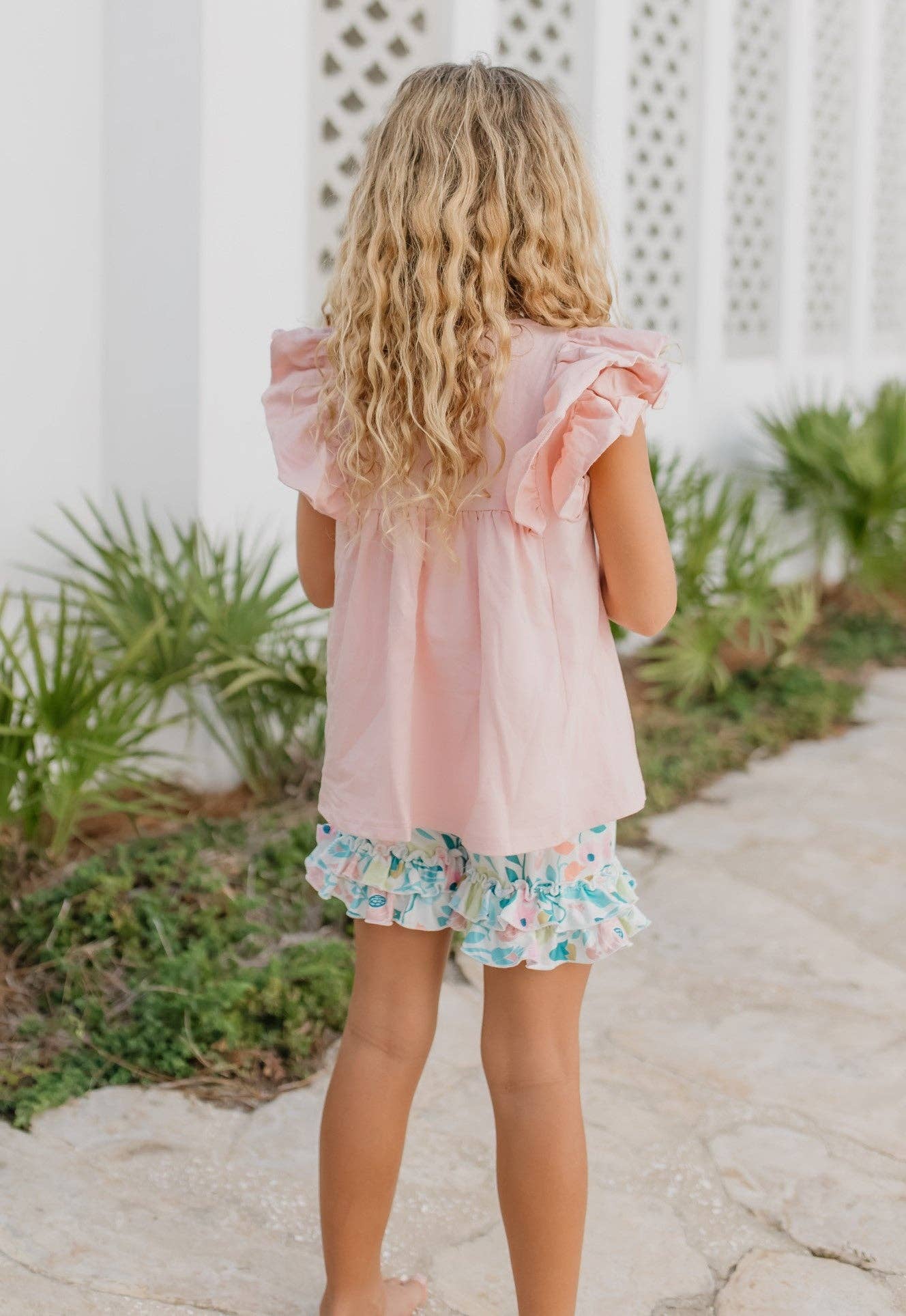Girls Blush Pink Ruffles Pastel Spring Floral Short Set