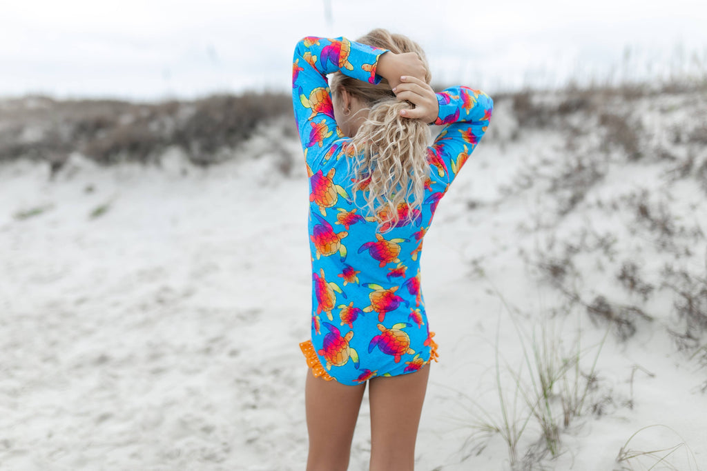 Kids Blue Rainbow Turtle Zip Rash Guard One Piece Swimsuit