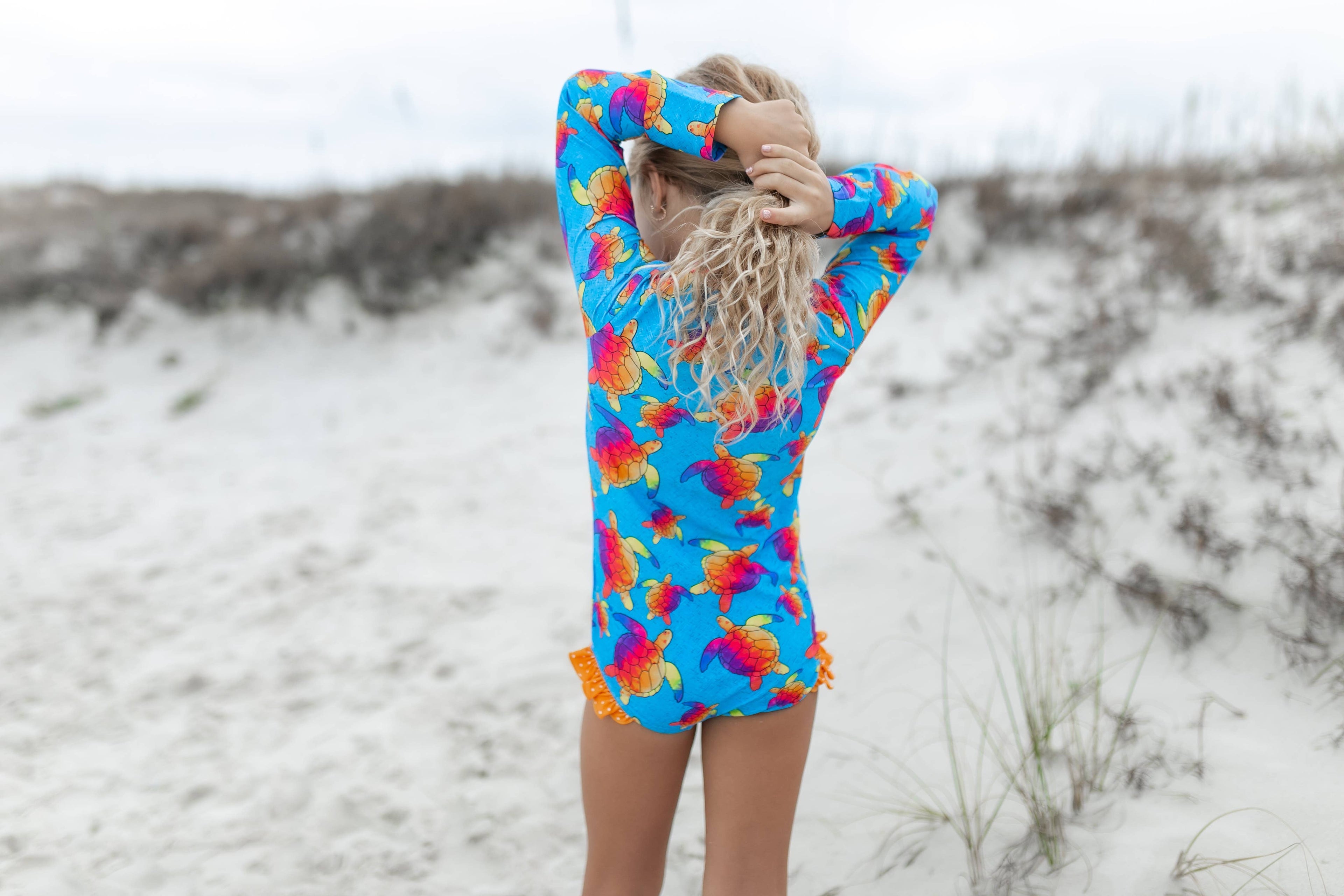 Kids Blue Rainbow Turtle Zip Rash Guard One Piece Swimsuit