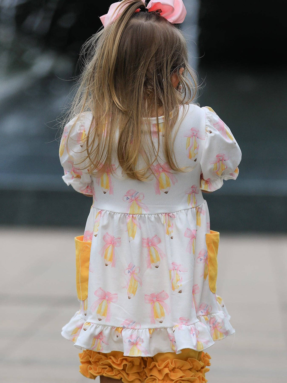Girls Back To School Pencil Bow Pocket Ruffle Top Shorts Set