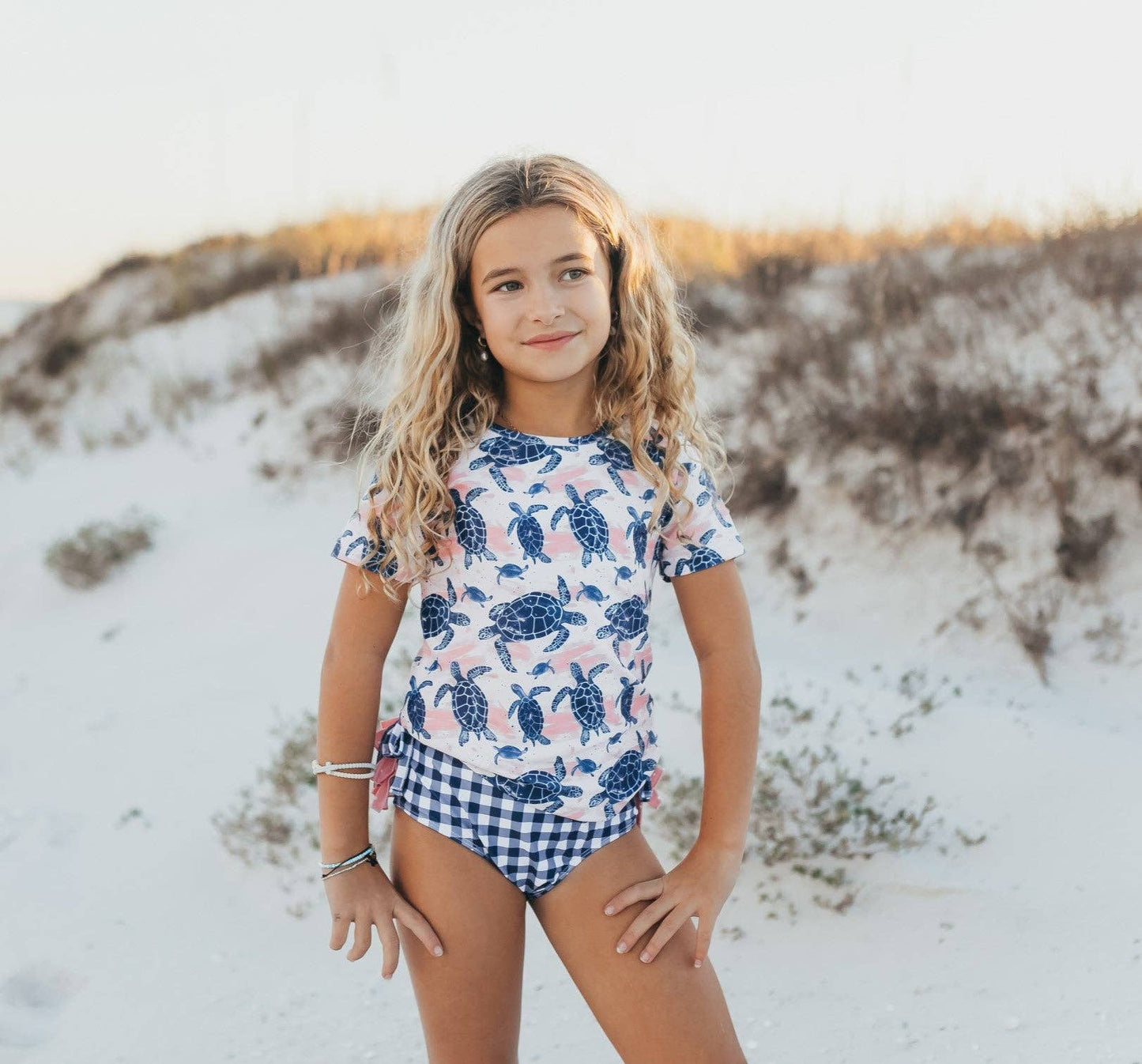 Kids Navy & Pink Sea Turtle Rash Guard Ruffle Swimsuit
