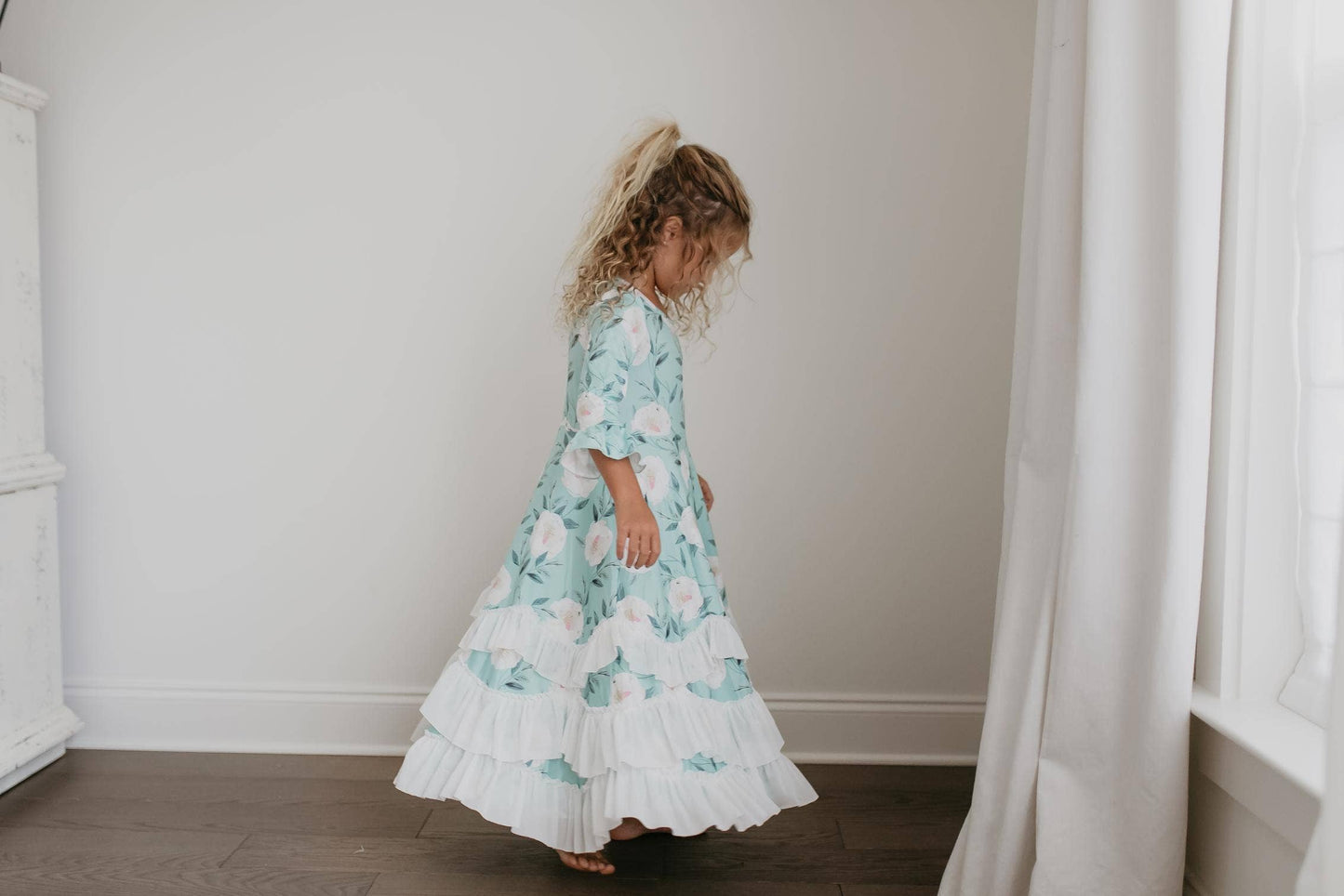 Kids Winter Mint Floral Long Sleeve Fall Ruffles Dress