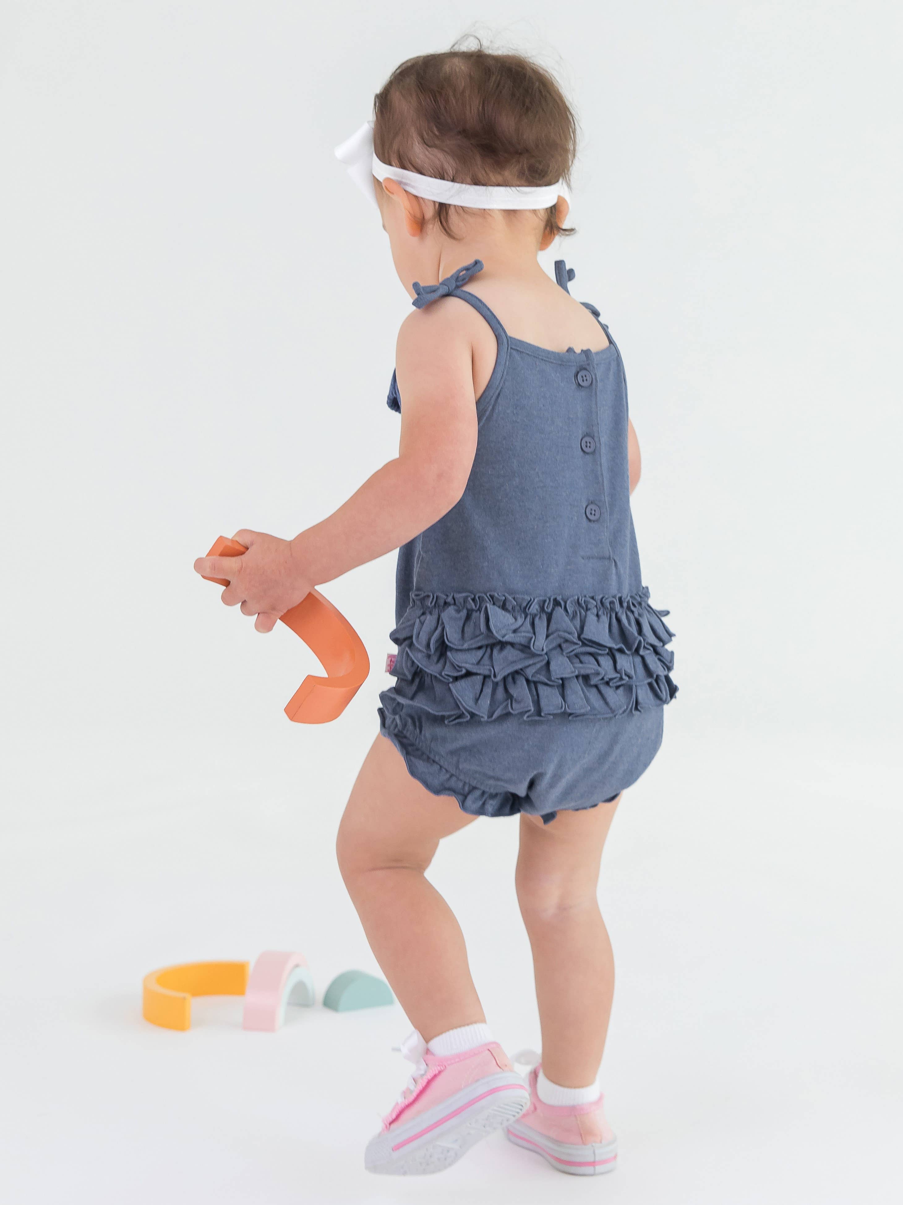 Baby Girls Faux Denim Pom Pom Bubble Romper