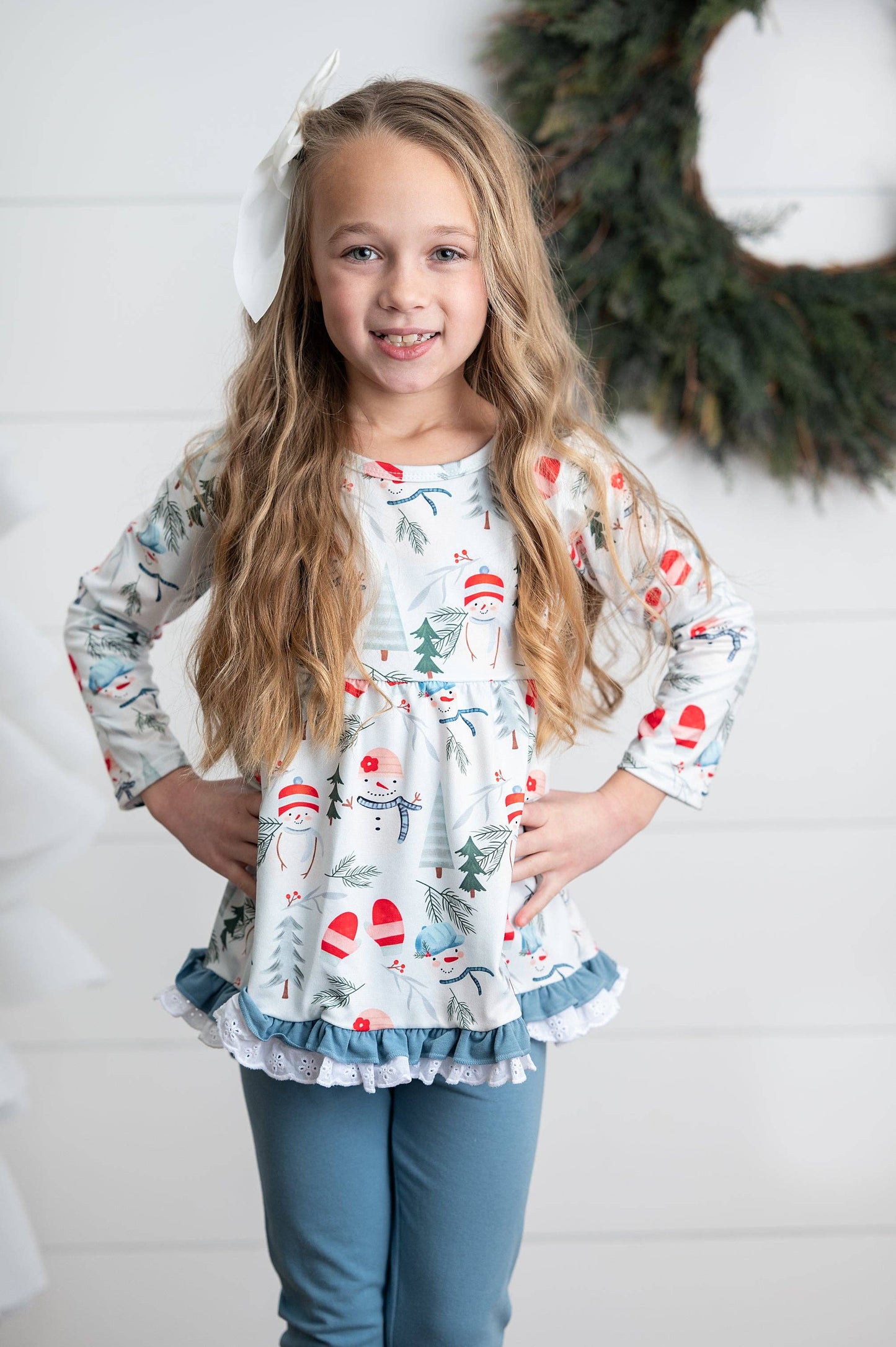Girls Snowman Lace Ruffle Pocket Winter Holiday Pant Set