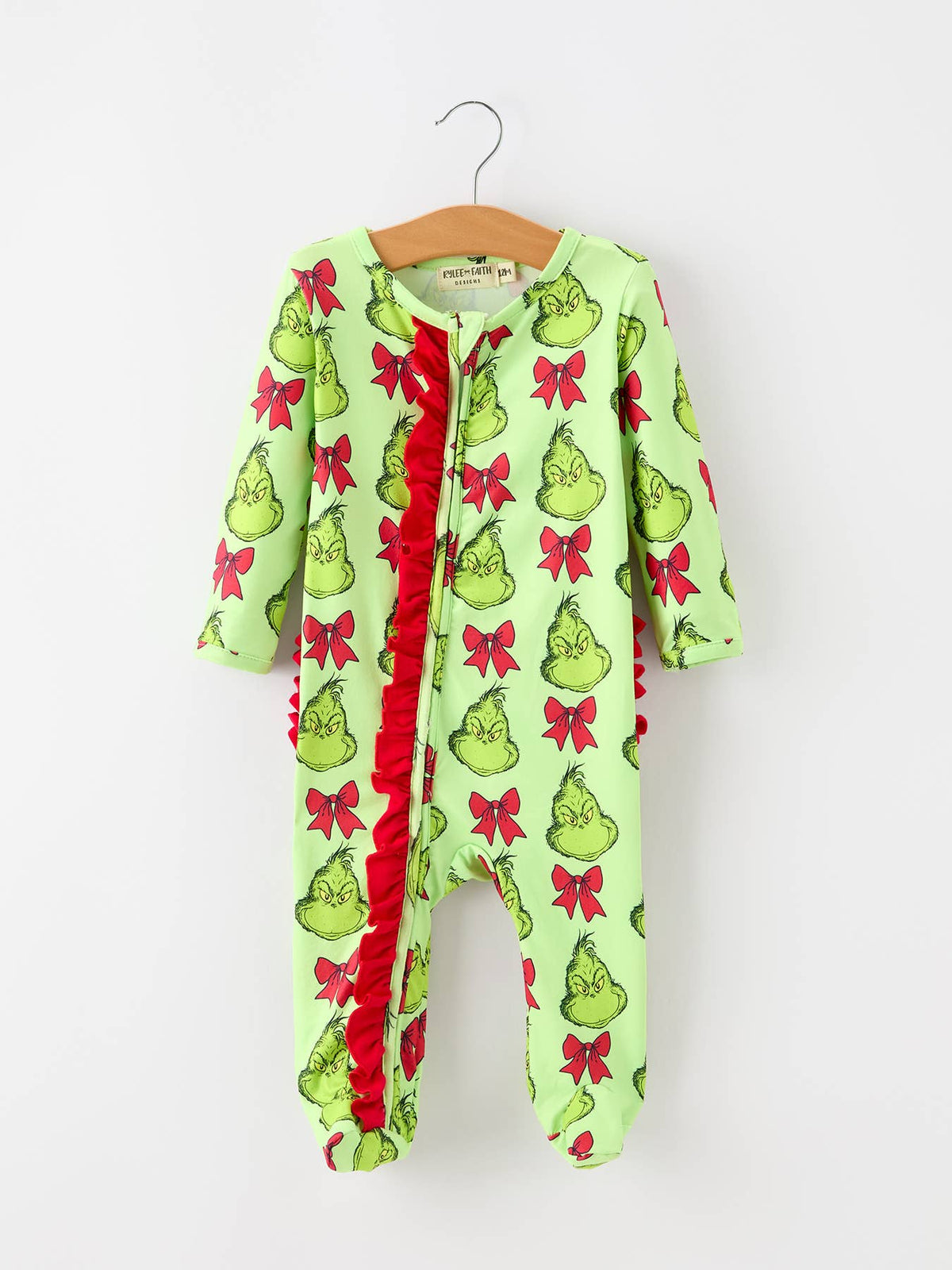 Baby Girls Green Holiday Bow Ruffle Footed Sleeper
