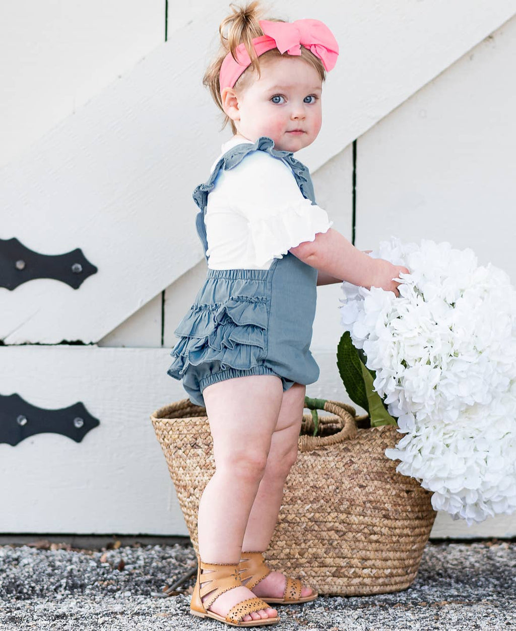 Baby Girls Light Wash Denim Woven Flutter Overall Romper