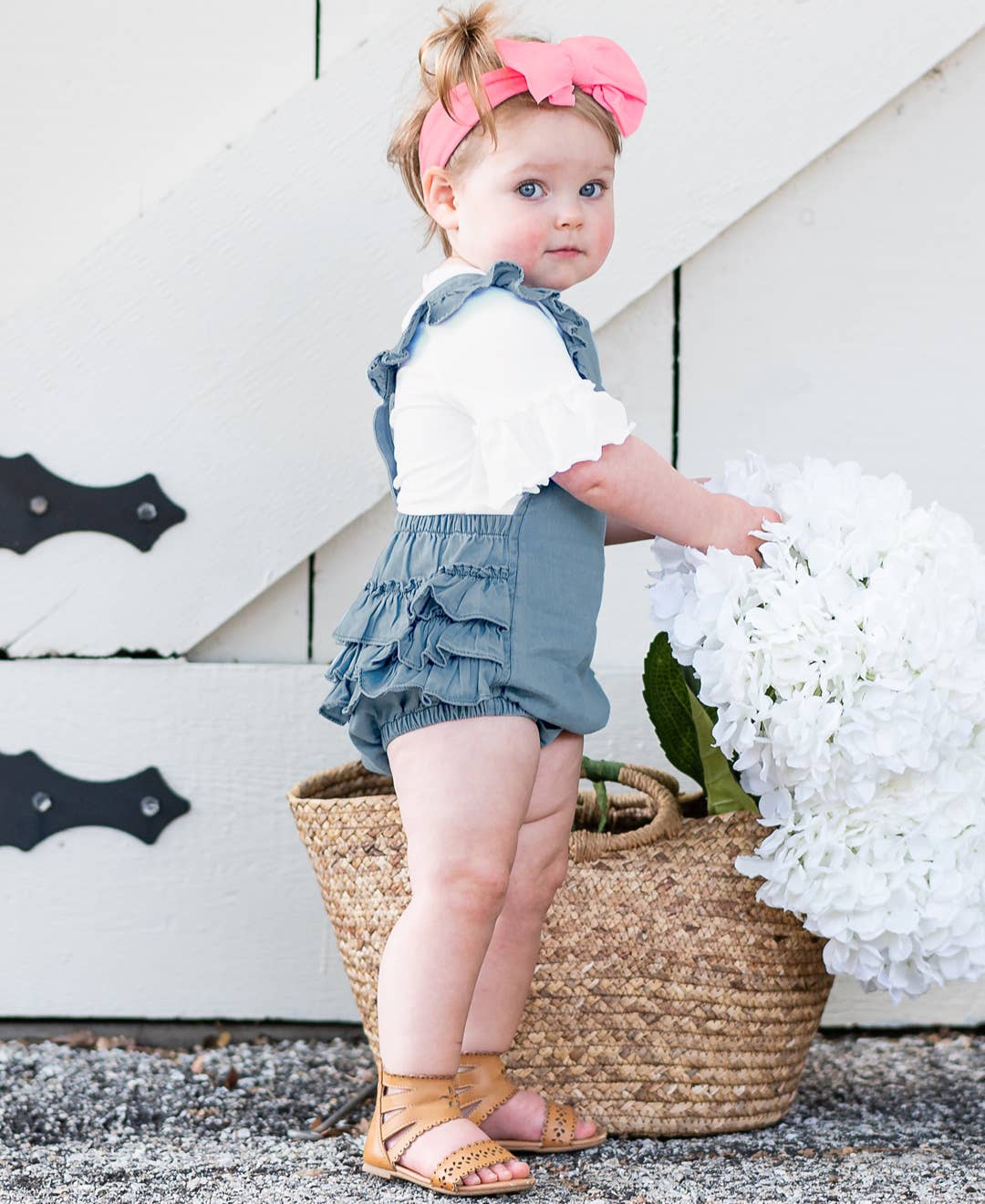 Baby Girls Light Wash Denim Woven Flutter Overall Romper