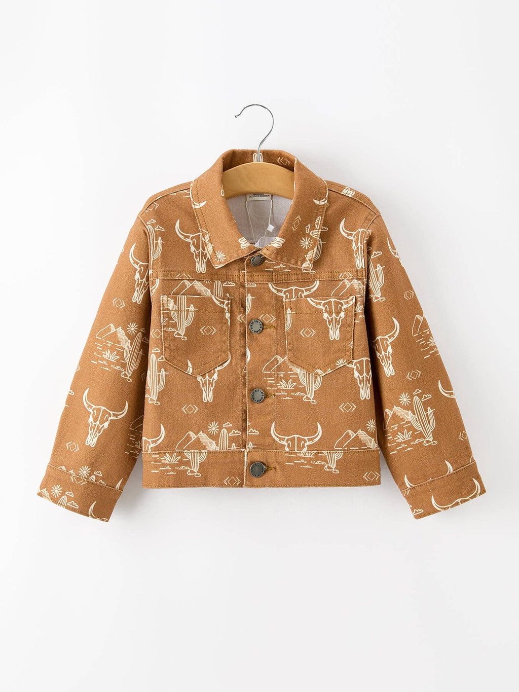 Girls Western Desert Print Brown Denim Jacket With Pockets