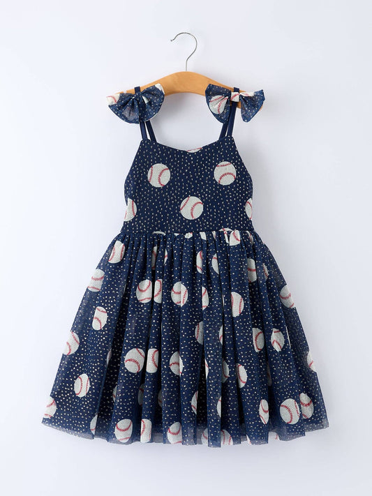 Baseball Theme Sleeveless Bow Strap Girls Dress