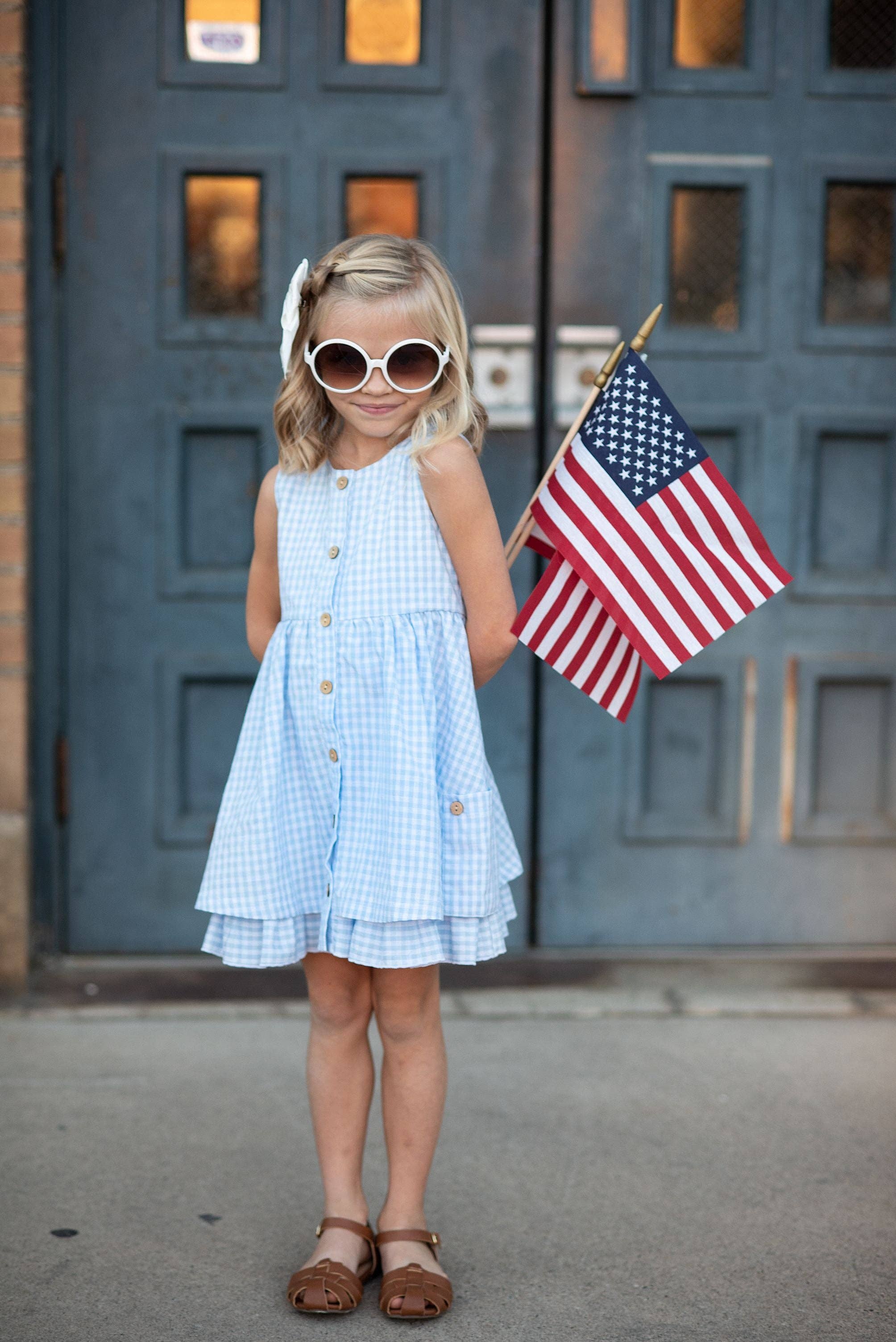 Kids Blue & White Gingham Check Pocket Ruffle Summer Dress