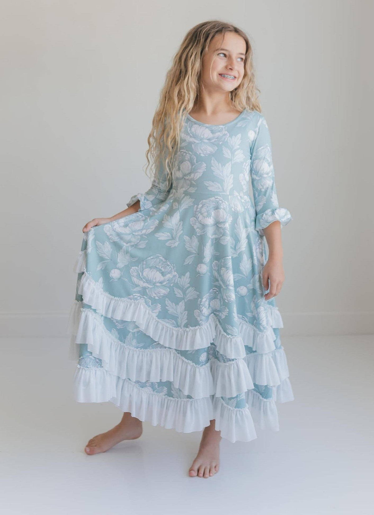 Girls Bella Soft Sage & Winter White Twirl Ruffles Dress