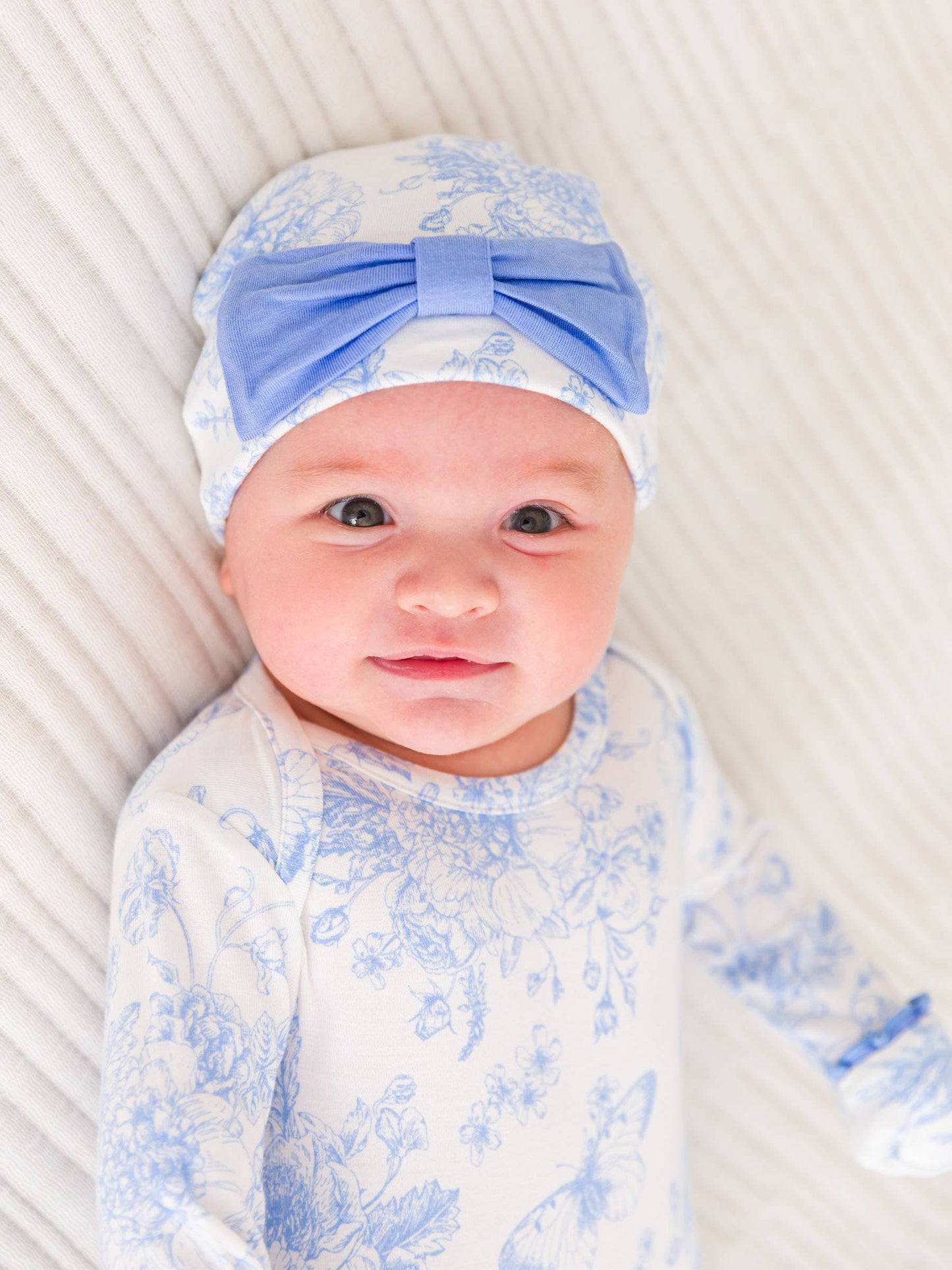 SoftSnooze™ Baby Girls Bamboo Viscose Periwinkle Butterfly Garden Ruffle Knotted Sleep Gown & Bow Hat Set