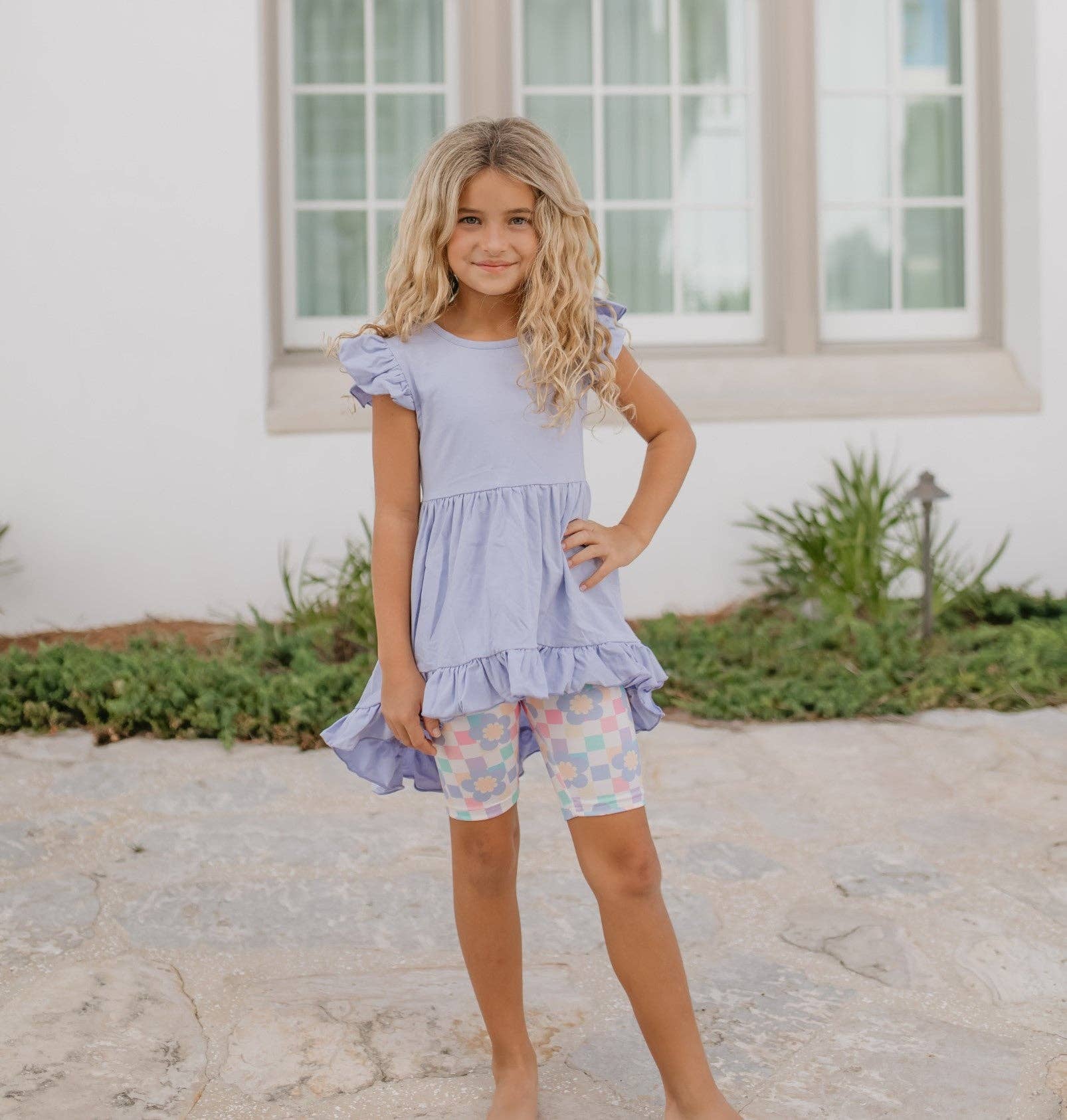 Girls Purple Periwinkle Pastel Spring Check Hi-Lo Short Set