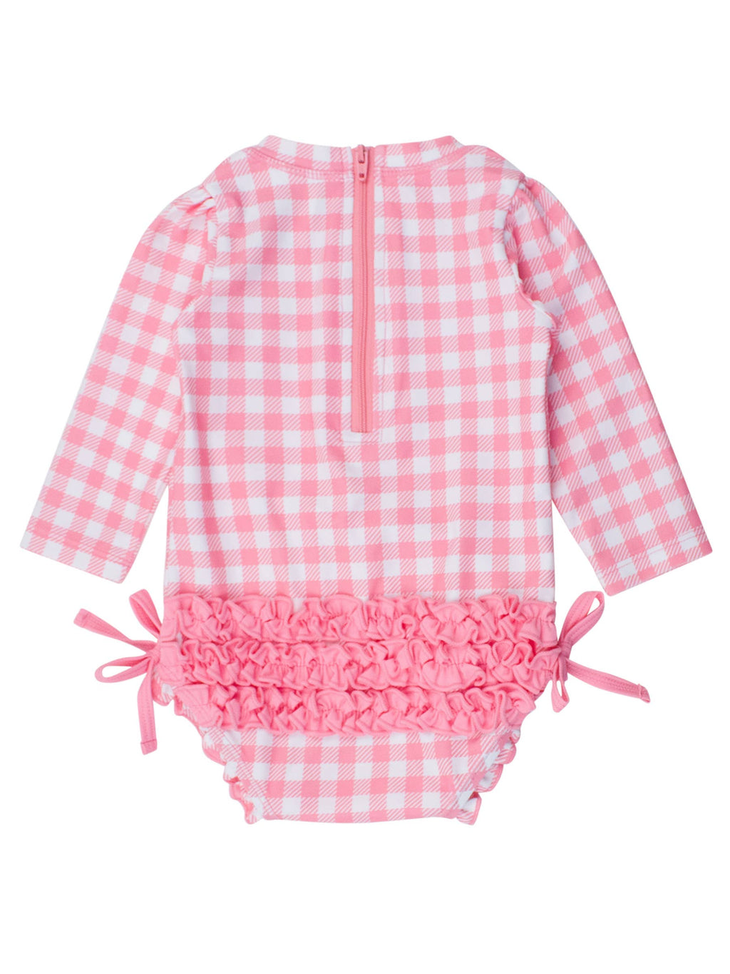 Baby Girls Bubblegum Gingham Long Sleeve One Piece Rash Guard Swimsuit with Signature Rear Ruffles