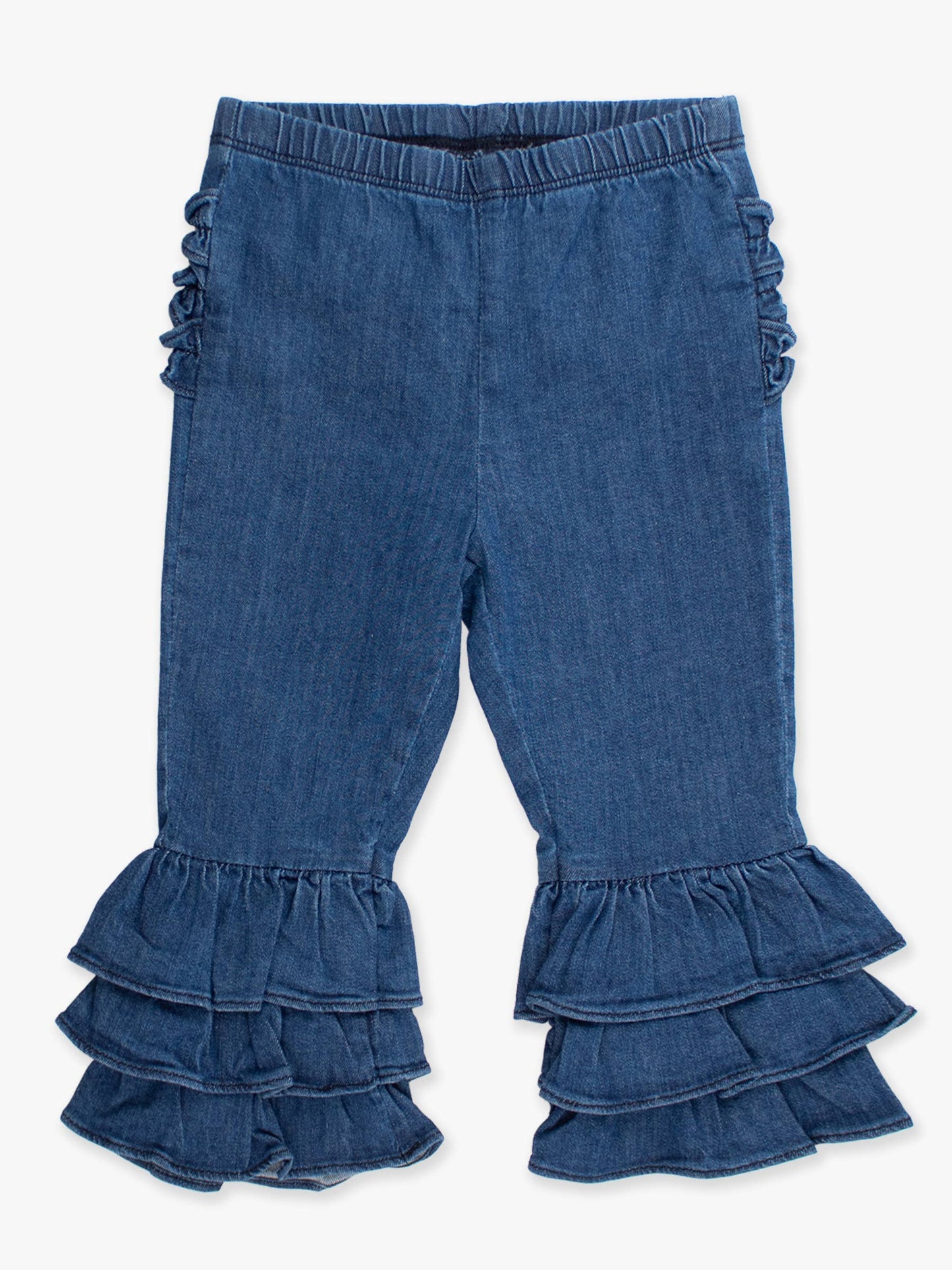 Toddler Girls Medium Wash Denim Ruffle Flare Pants with Signature Rear Ruffles