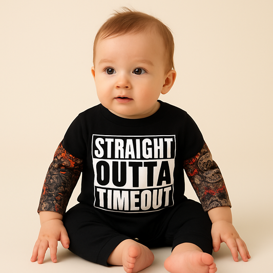 Black Straight Outta Timeout Tattoo Sleeve Baby Romper