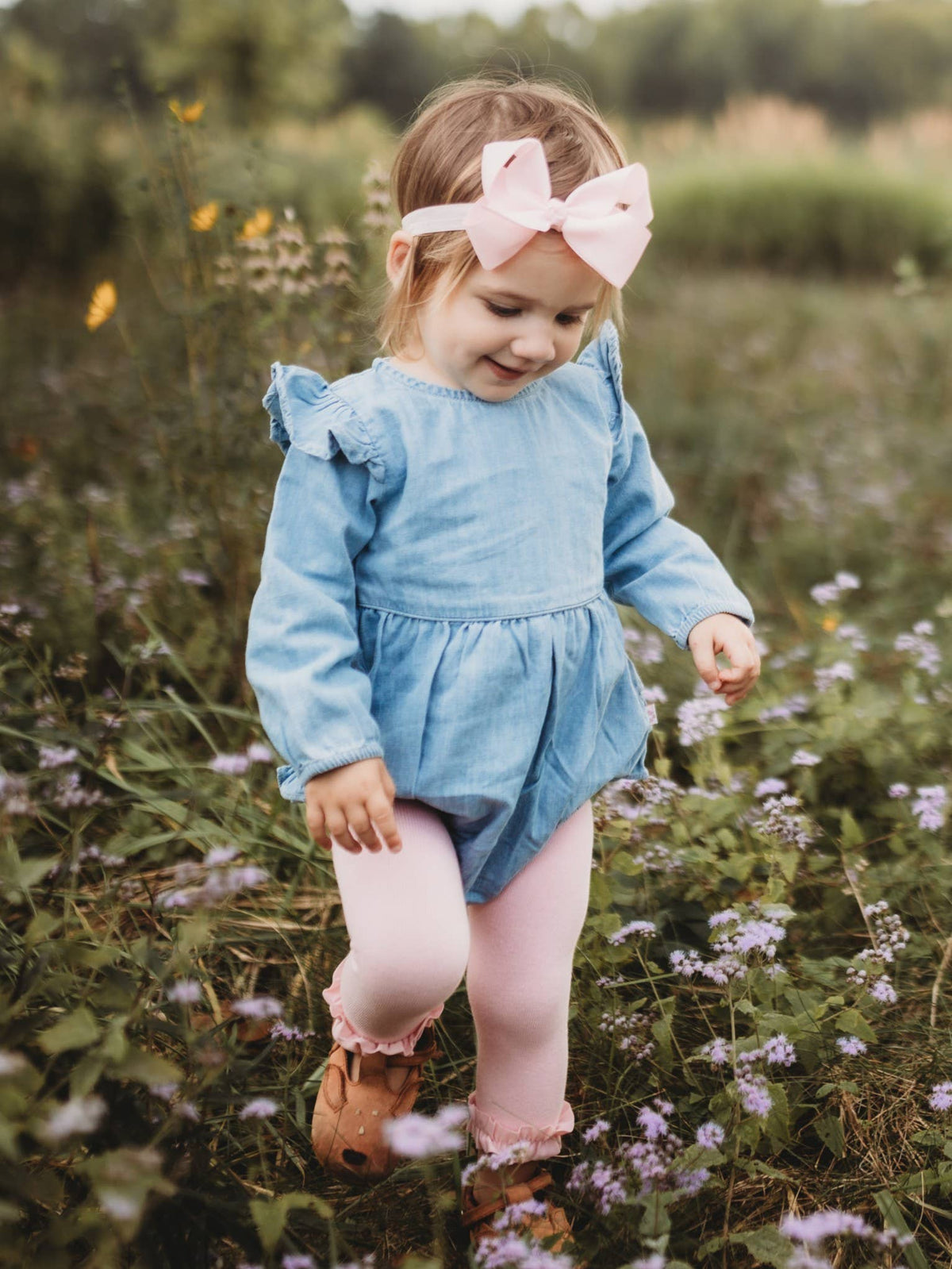 Baby Girls Light Wash Long Sleeve Flutter Bubble Romper