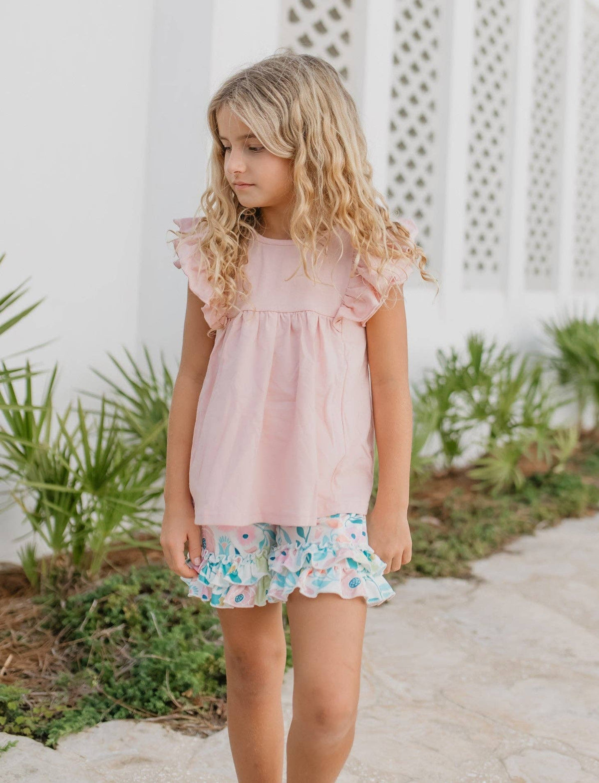 Girls Blush Pink Ruffles Pastel Spring Floral Short Set
