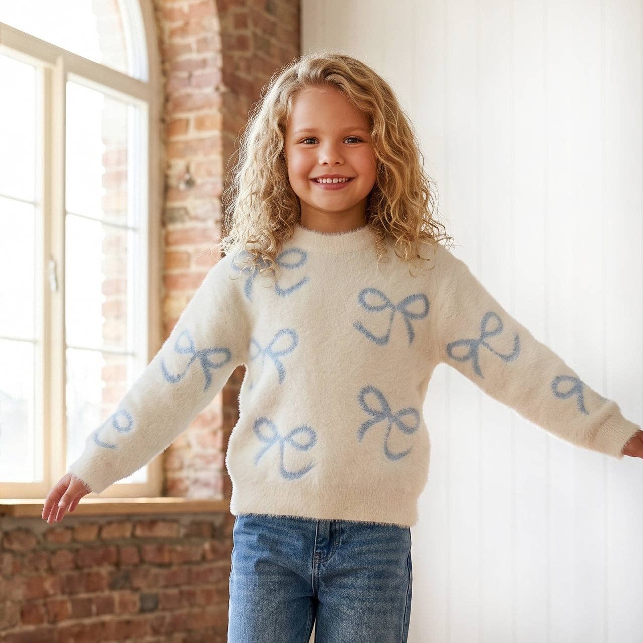 Girls Fall Winter White and Blue Ribbon Bow Sweater
