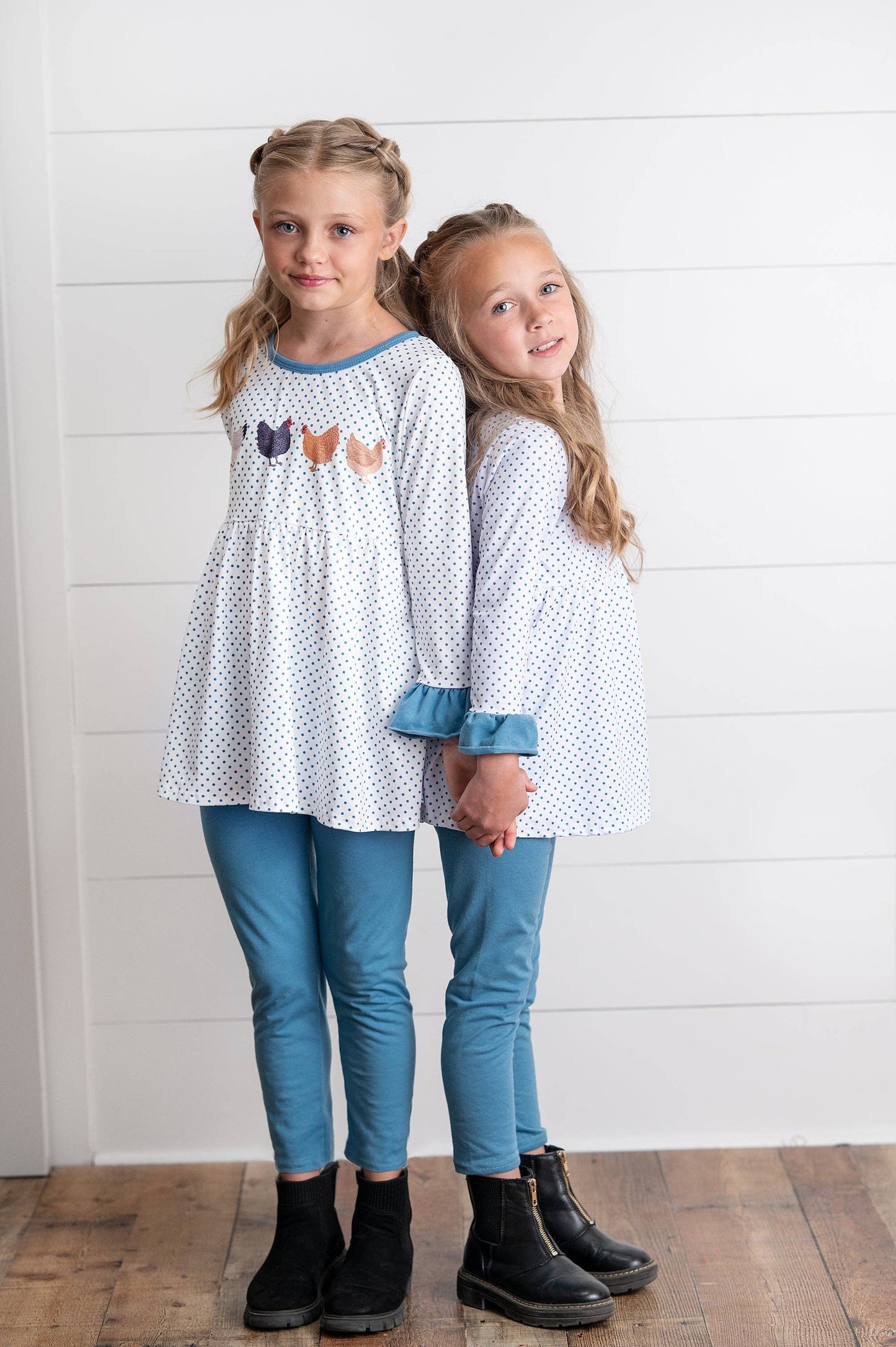 Girls Blue Polka Dot & Chicken Fall Winter Pant Set