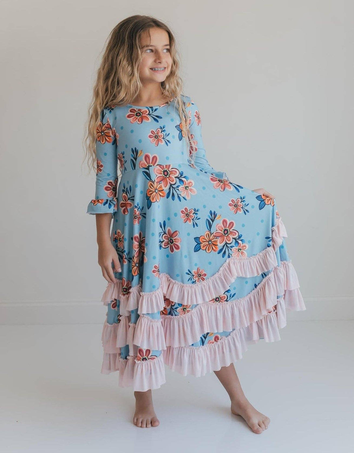 Girls Bella Blue & Blush Winter Garden Twirl Ruffles Dress