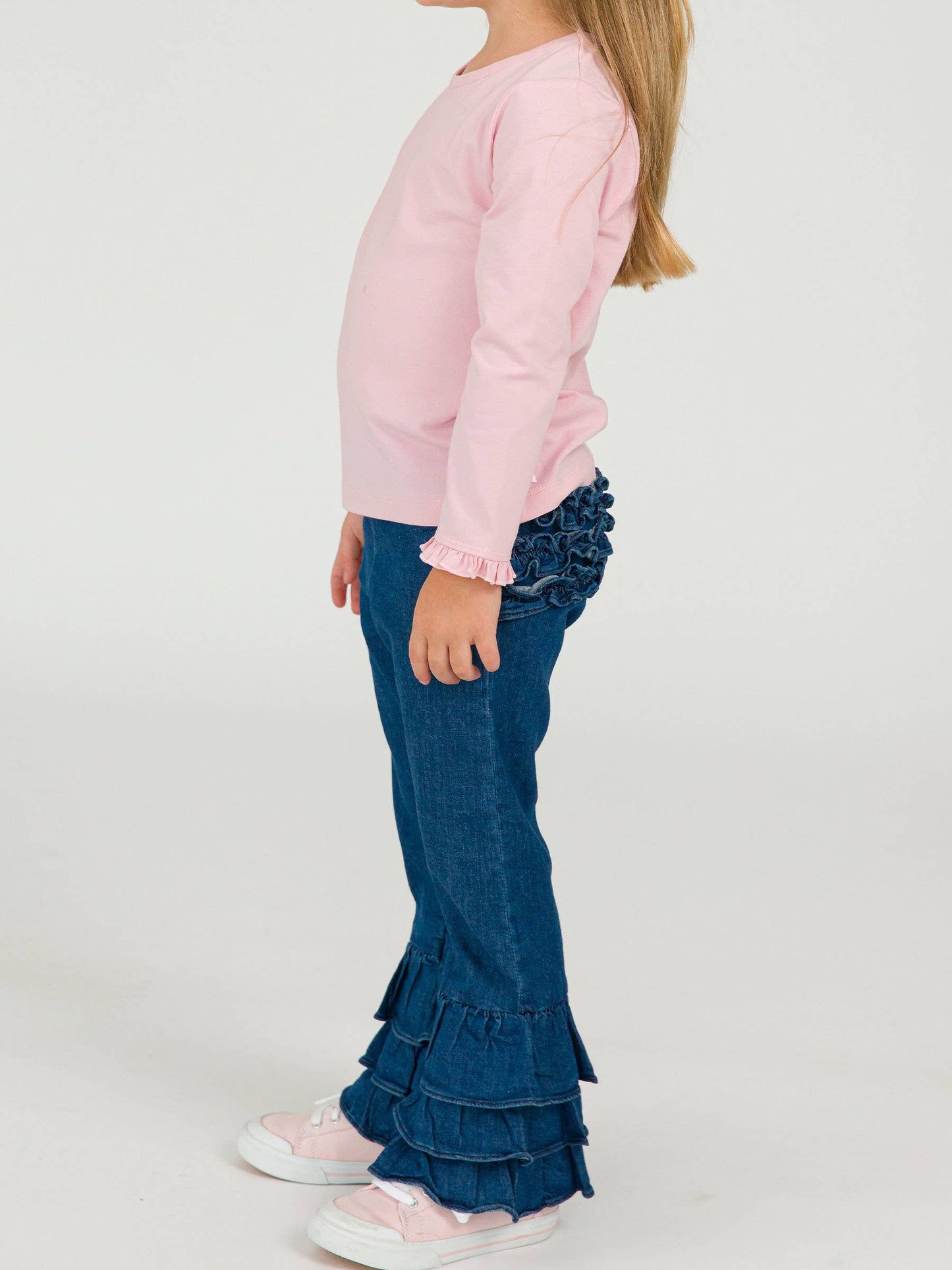 Toddler Girls Medium Wash Denim Ruffle Flare Pants with Signature Rear Ruffles