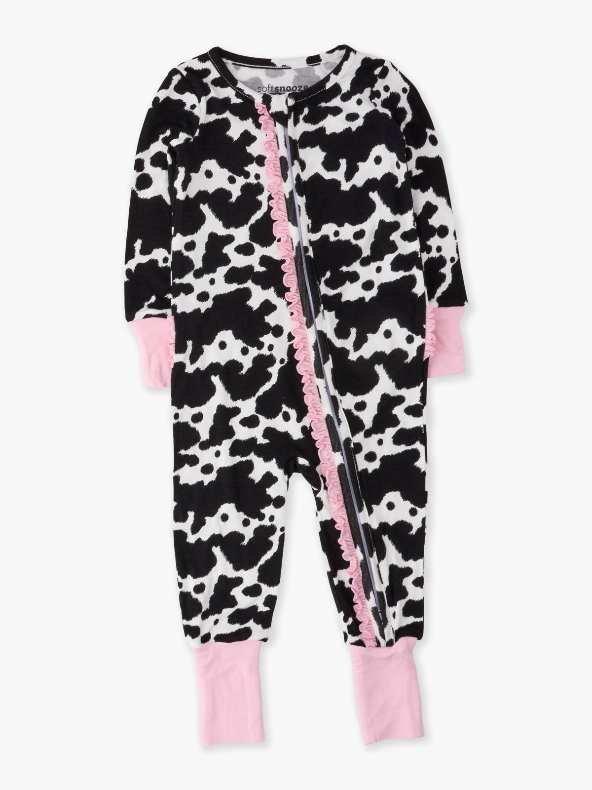 SoftSnooze™ Baby Girls Bamboo Viscose Moo Crew Convertible Ruffle One Piece Footie Pajama