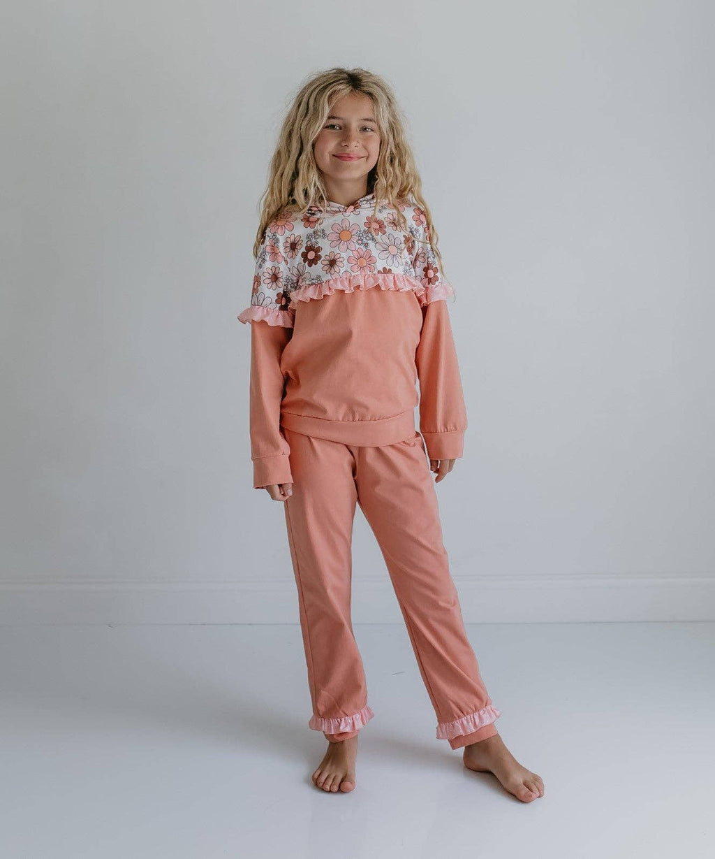 Girls Desert Tan Retro Flower Ruffle Hoodie Loungewear Set