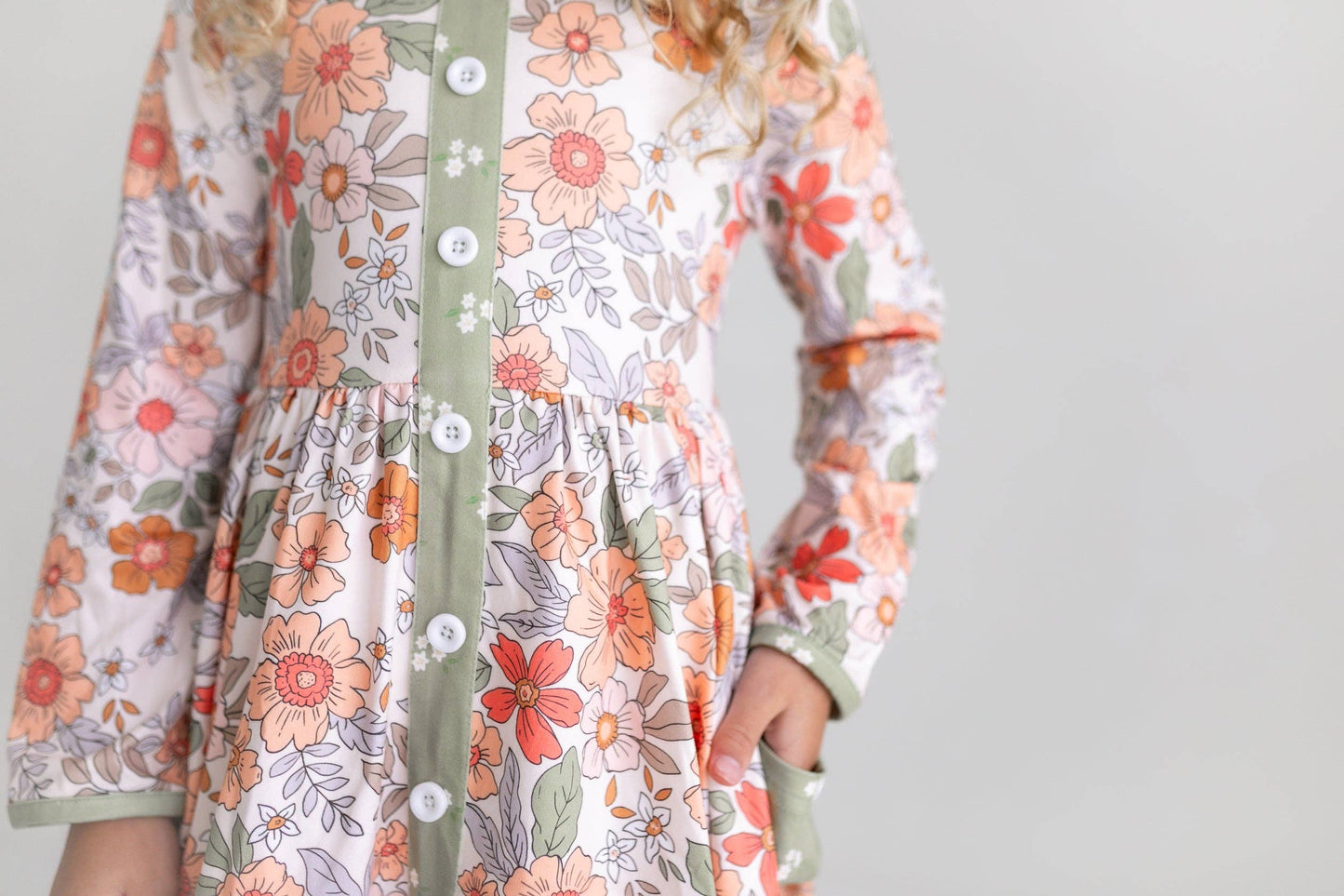 Kids Sage & Rust Fall Floral Button Dress With Pockets