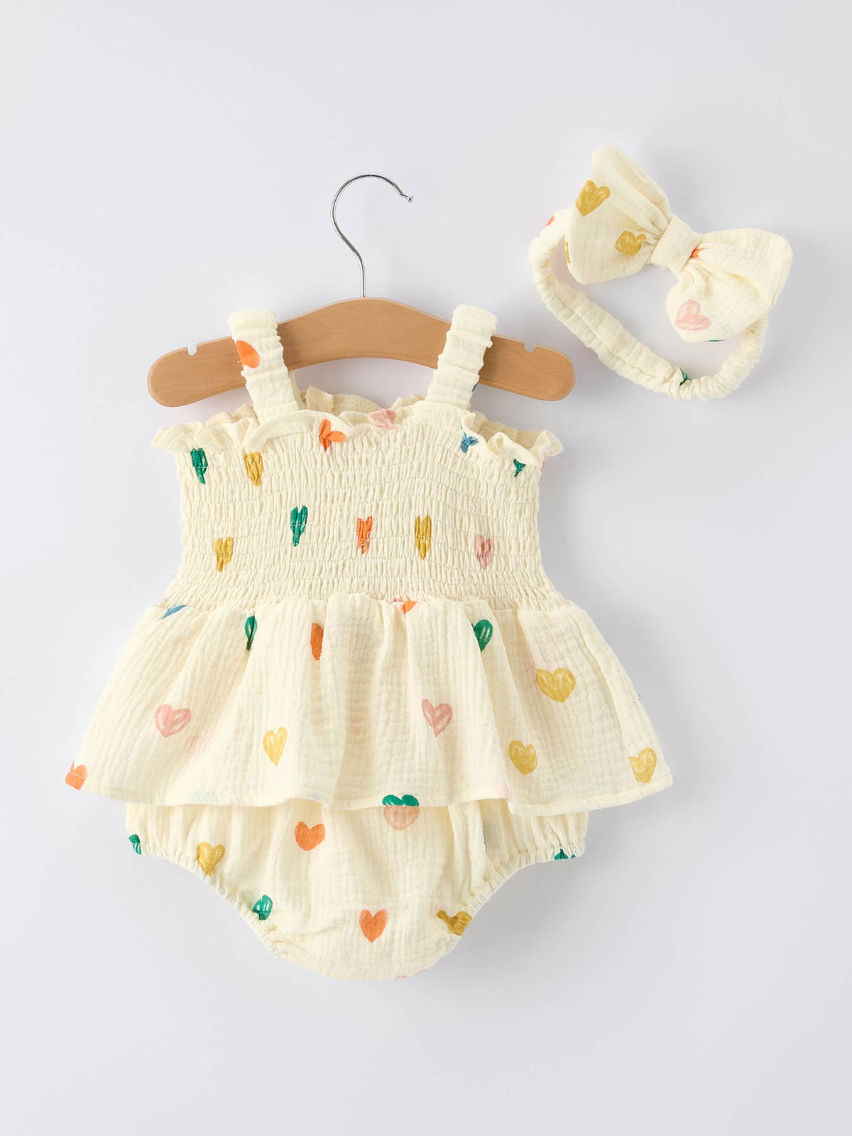 Light Yellow Heart Print Baby Girl Romper Set With Headband