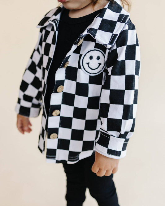 Baby & Kids Cotton Shacket| Smiley Checkered Black