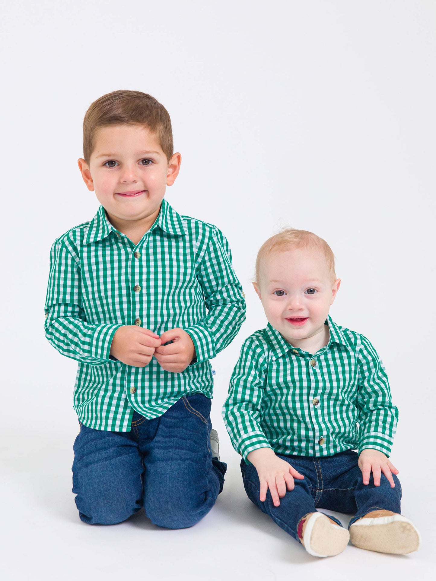 Boys Classic Emerald Green Gingham Long Sleeve Button Down Shirt