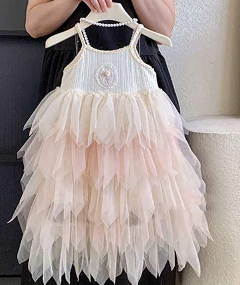 Girls Strap Flower Applique Layered Ruffle Tulle Dress