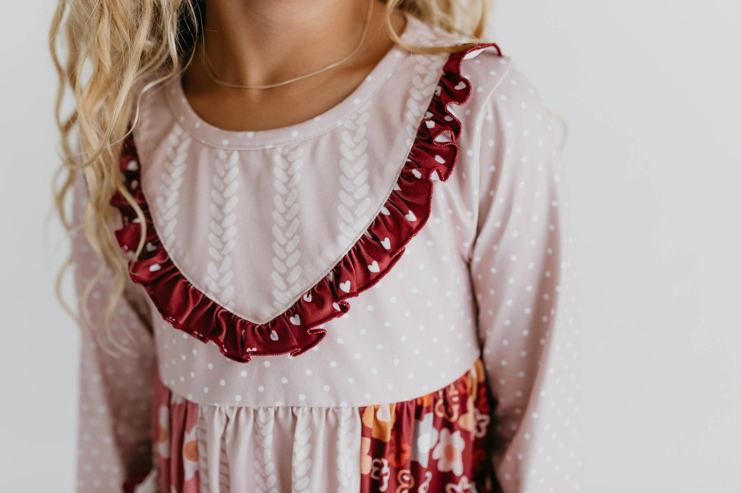 Kids Beige Heart Floral Pocket Bell Bottom Ruffle Pant Set