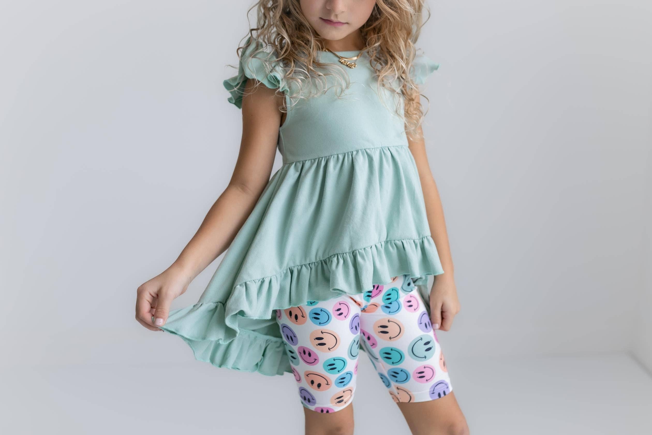 Kids Mint Green Smiley Face Hi Lo Spring Summer Short Set