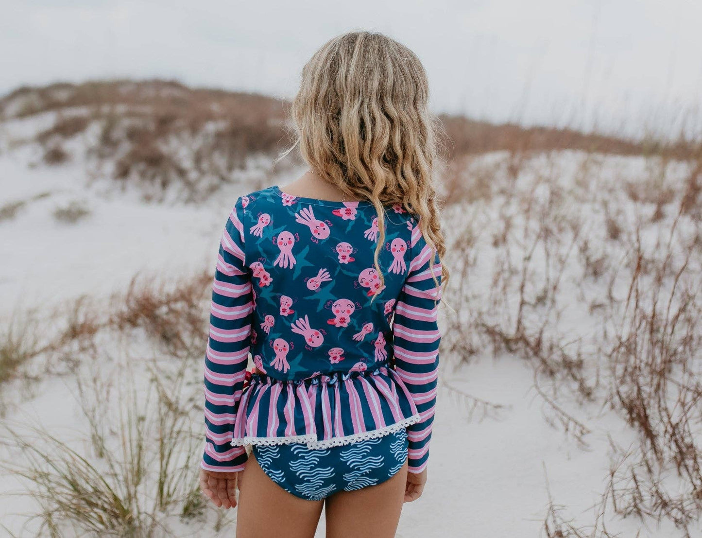 Kids Pink & Blue Axolotl Long Sleeve Rash Guard Swimsuit