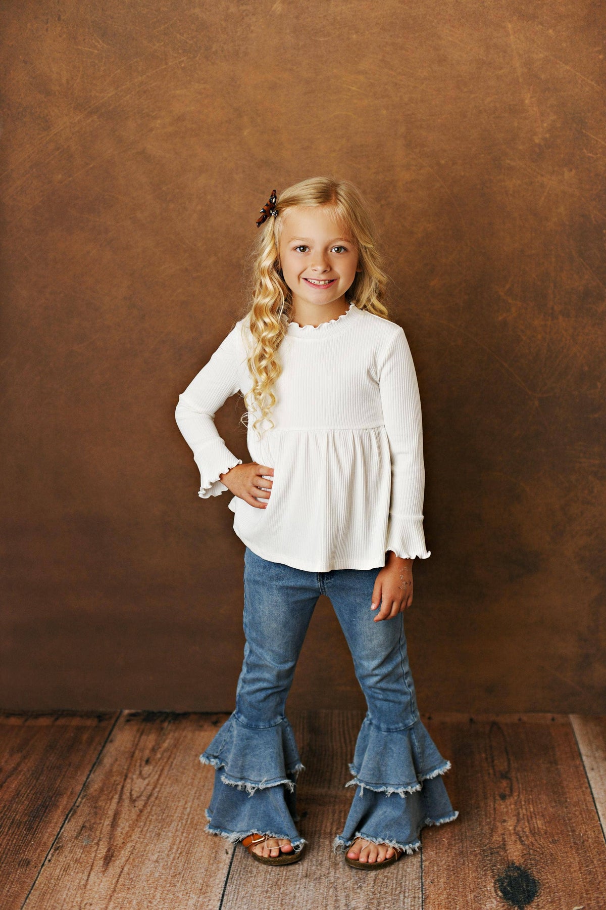Kids White Long Sleeve Lettuce Trim Ribbed Fall Winter Shirt