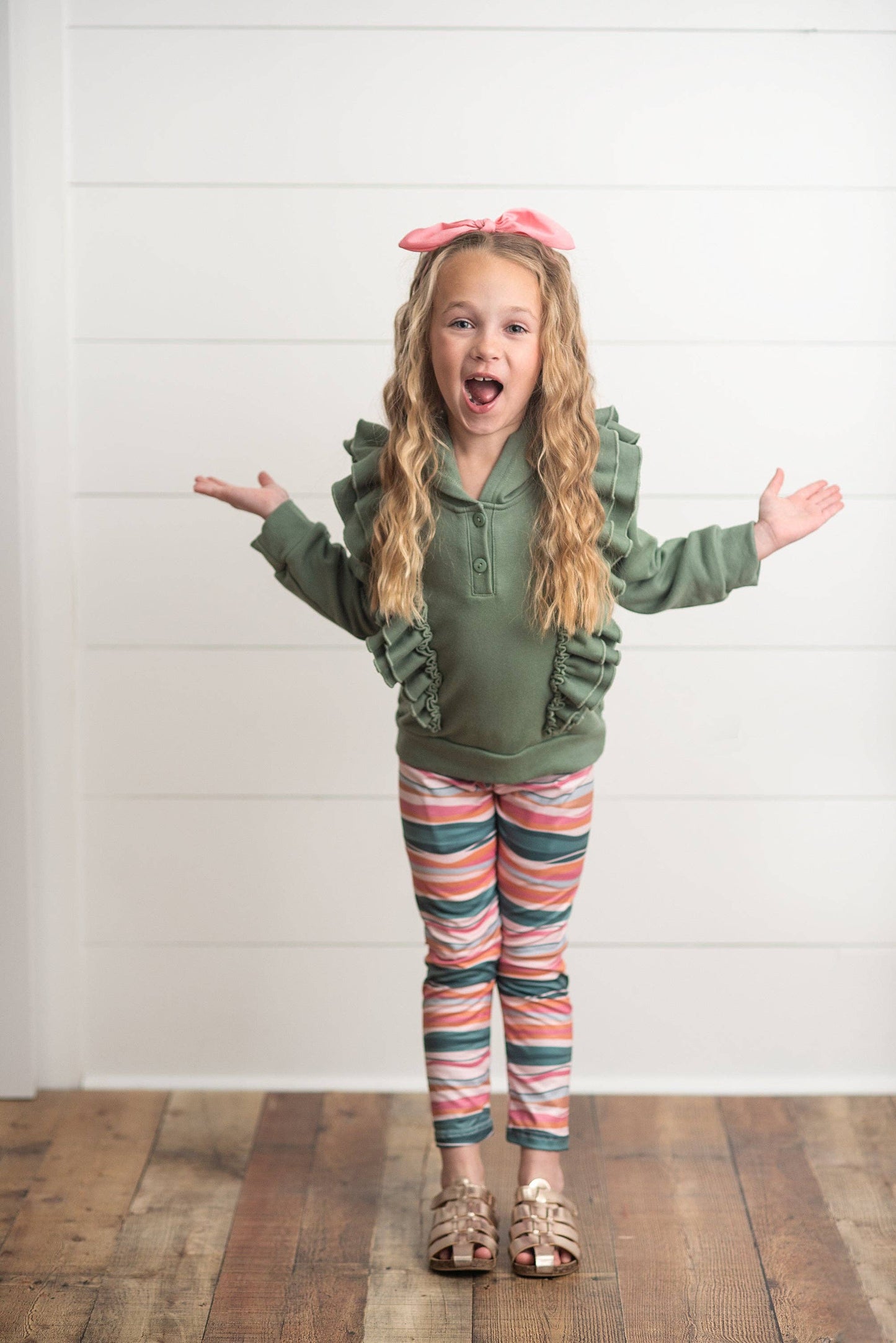 Kids Sage Double Ruffle Button Hoodie & Stripe Leggings Set
